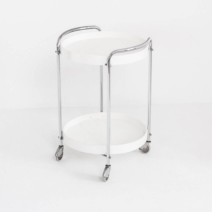 Vintage side table on casters. Chrome-plated iron and plastic. France, 1970s