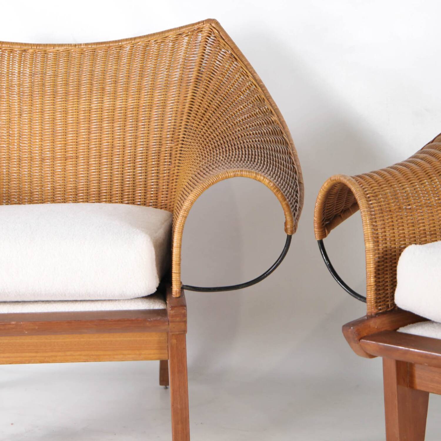 Pair of wooden and wicker armchairs