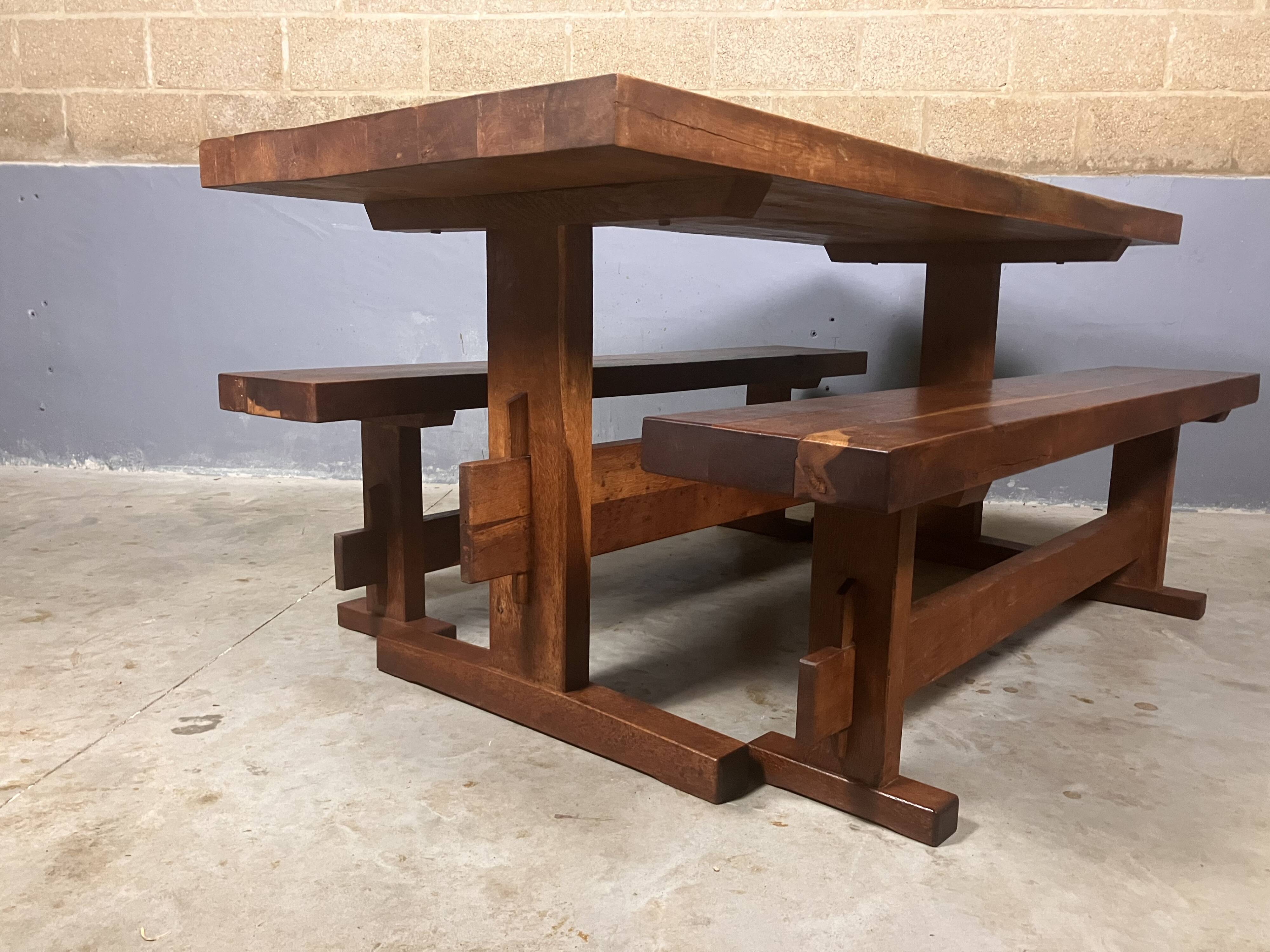 Oak dining table with 2 benches Minimalist Brutalist Wabi Sabi