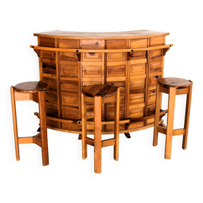 Bar brutaliste   tabourets de bar   années 1970   pin
