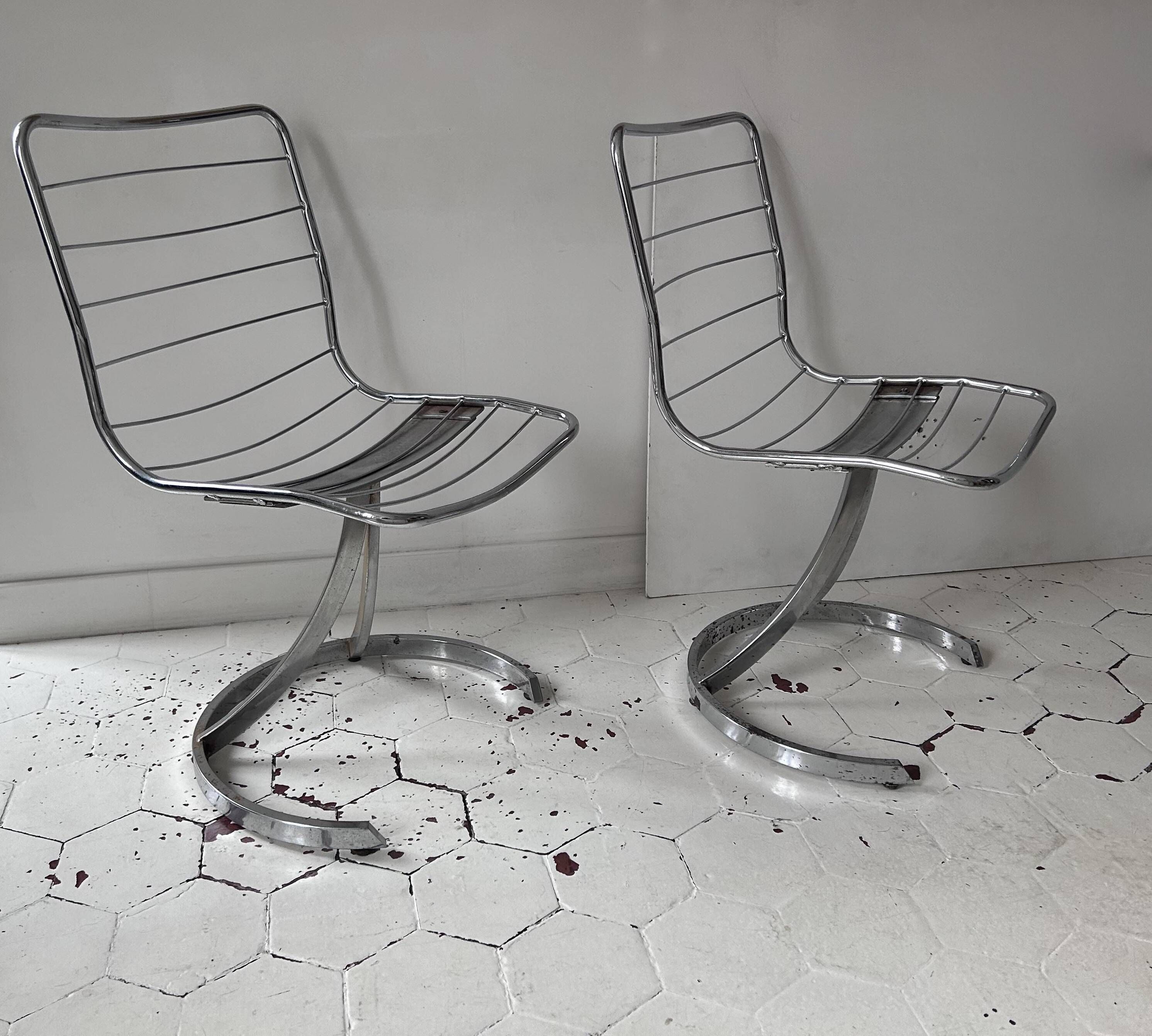 Pair of vintage chairs, chrome metal, France 1970