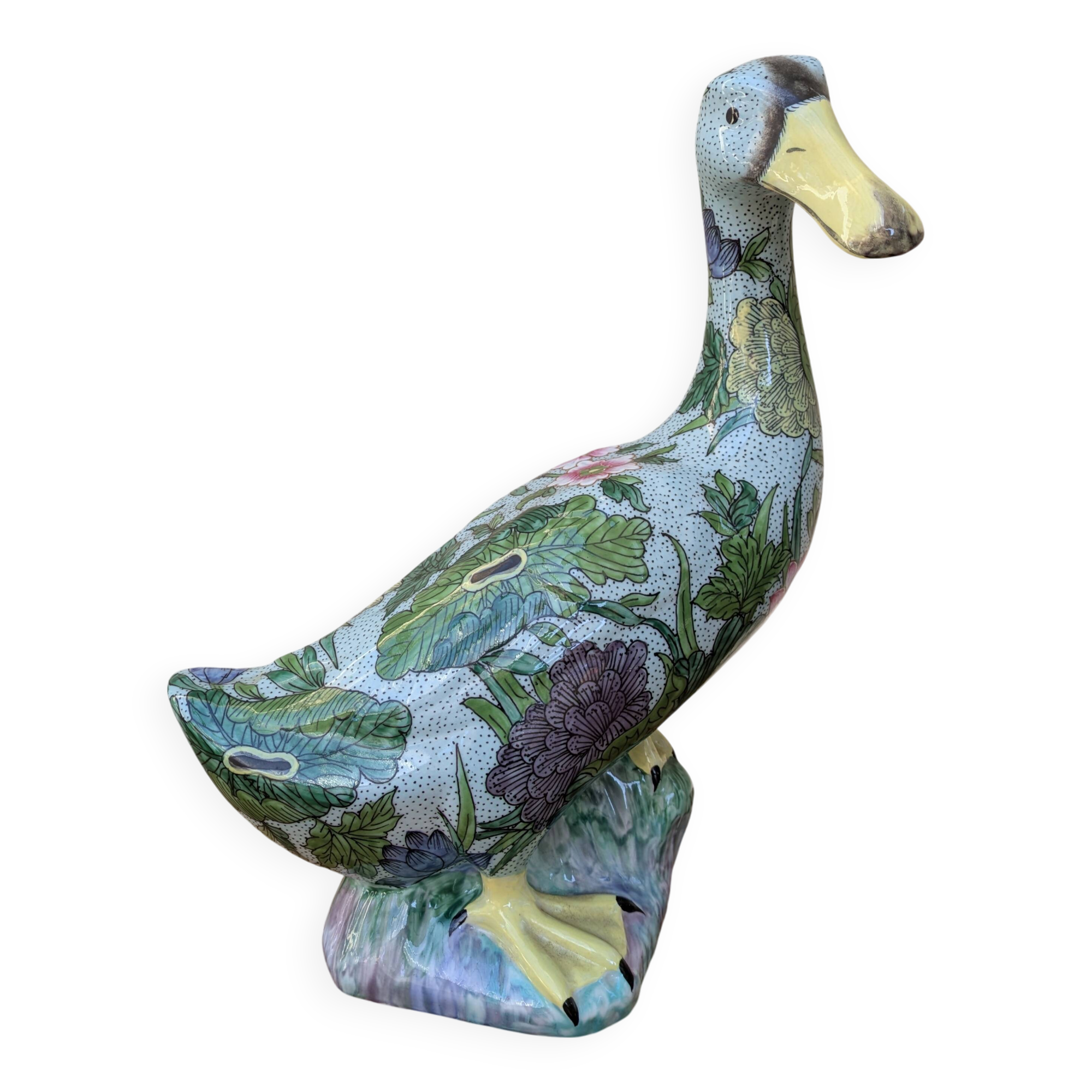 Very beautiful polychrome decorative duck cane statue in Porcelain from Par