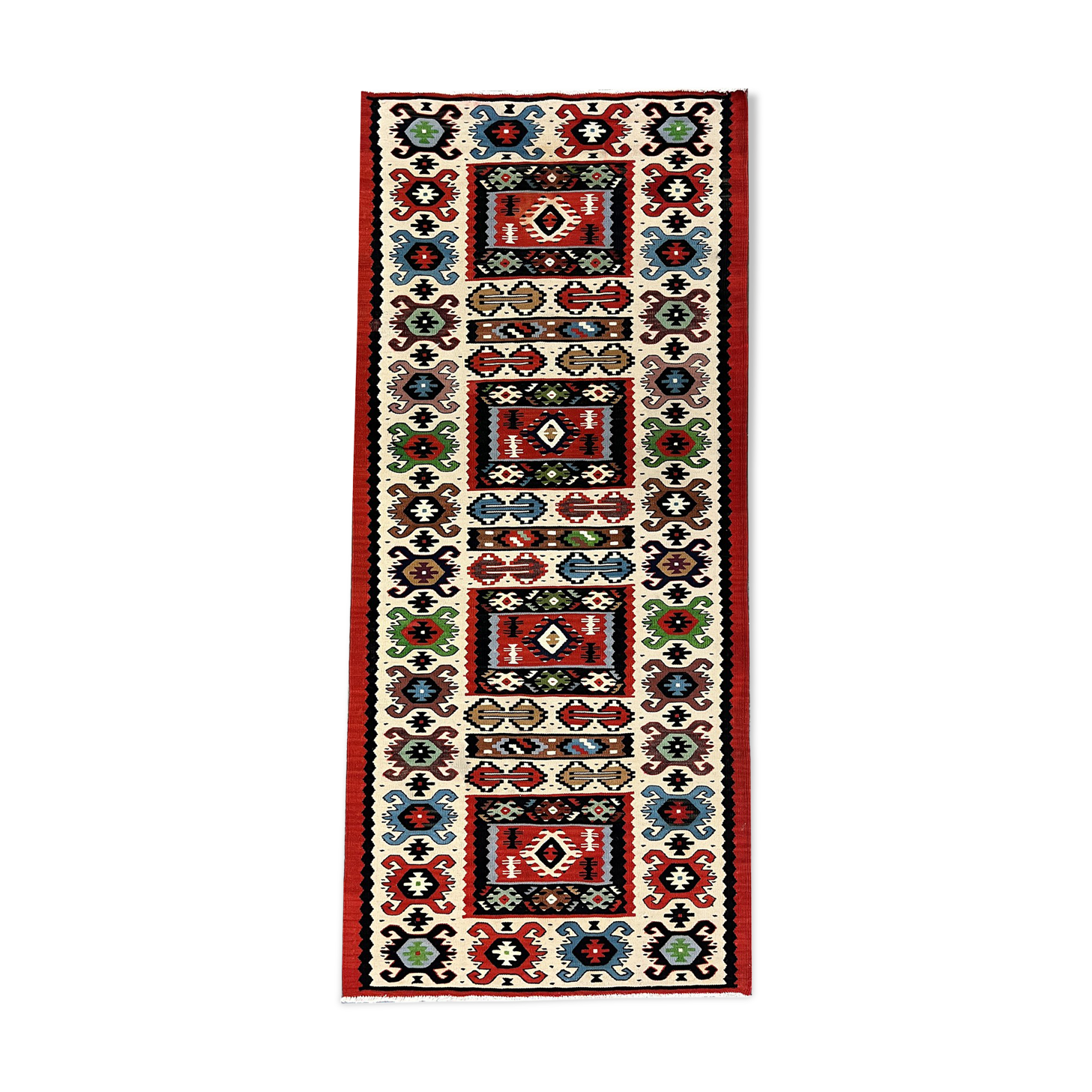 Handmade vintage runner rug red wool turkish area rug - 81x200cm