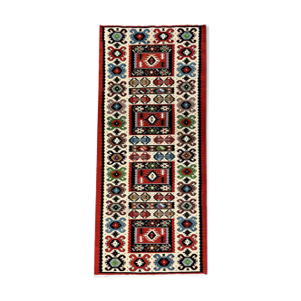 Handmade vintage runner rug red wool turkish area rug - 81x200cm