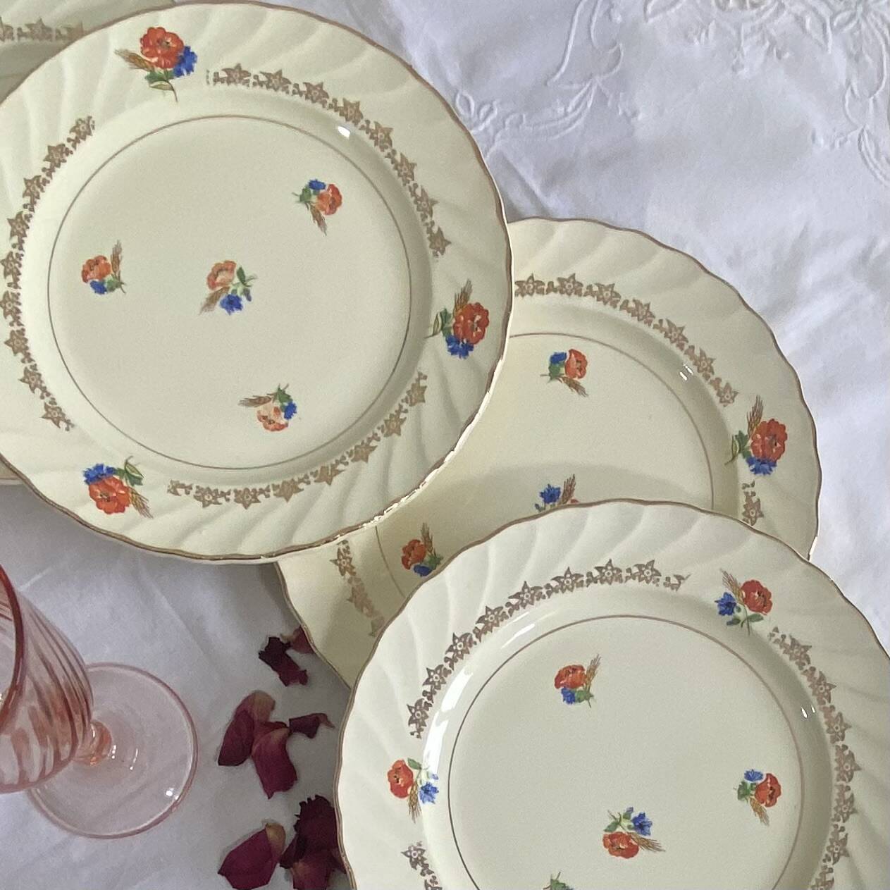 6 pale yellow earthenware dessert plates from Salins with flowers