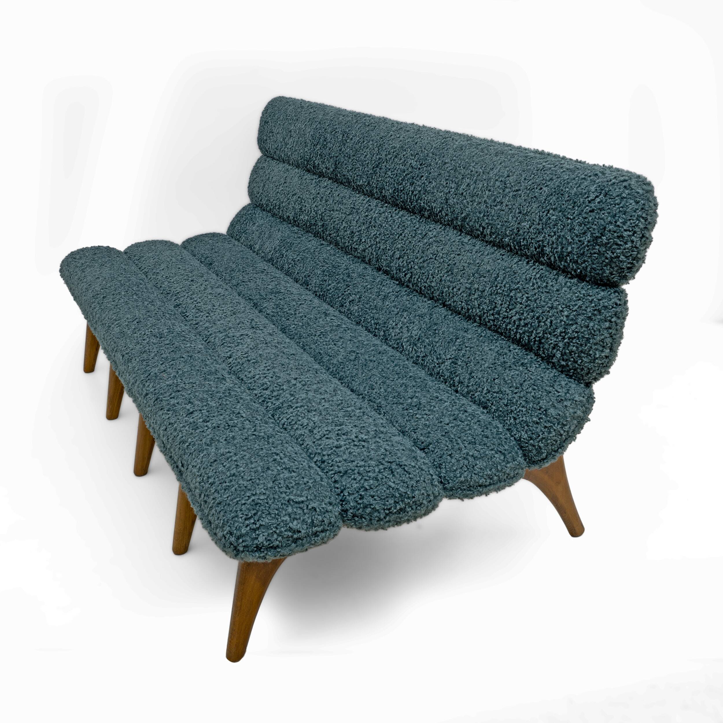 Adrian Pearsall Style Italin Modern Bouclè and Walnut Sofa