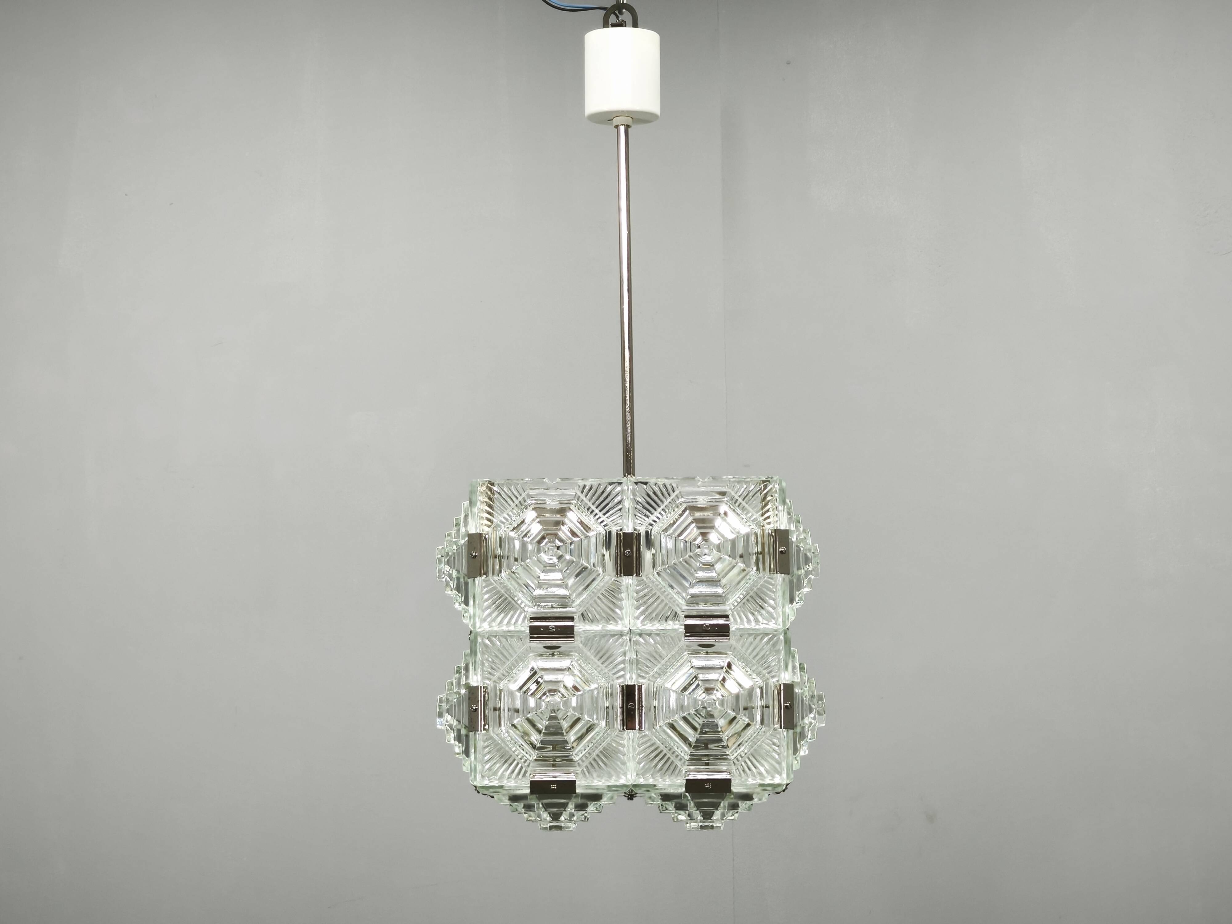 1970s Brutalist Glass Cube Pendant, Kamenický Šenov