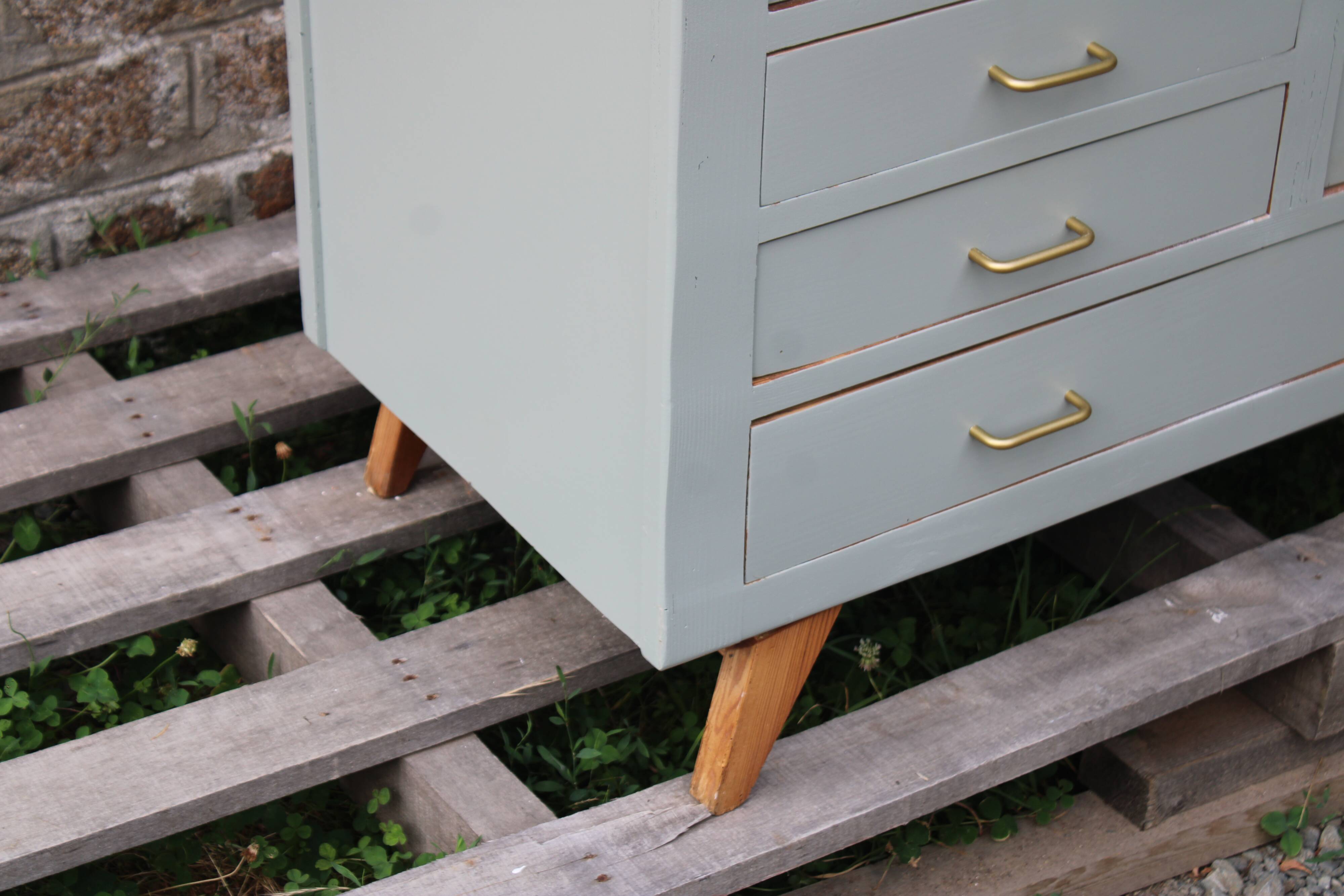 Vintage Parisian wardrobe in sage green – Mirror, hanging space and drawers