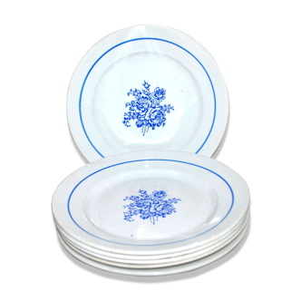 Lot de 6 assiettes vintage en faïence à décor de fleurs bleues