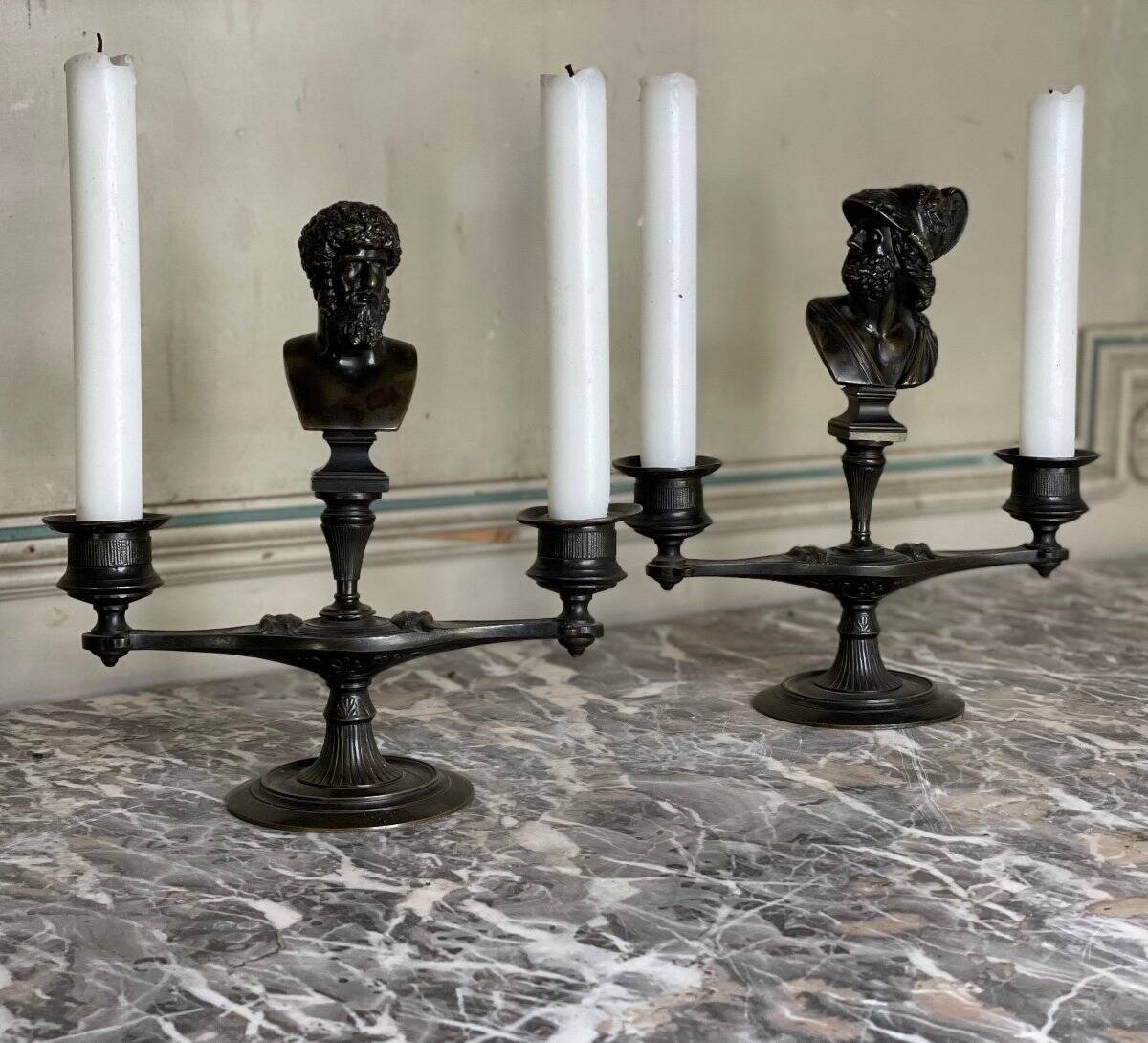 Pair of bronze candlesticks with a black patina in the antique style