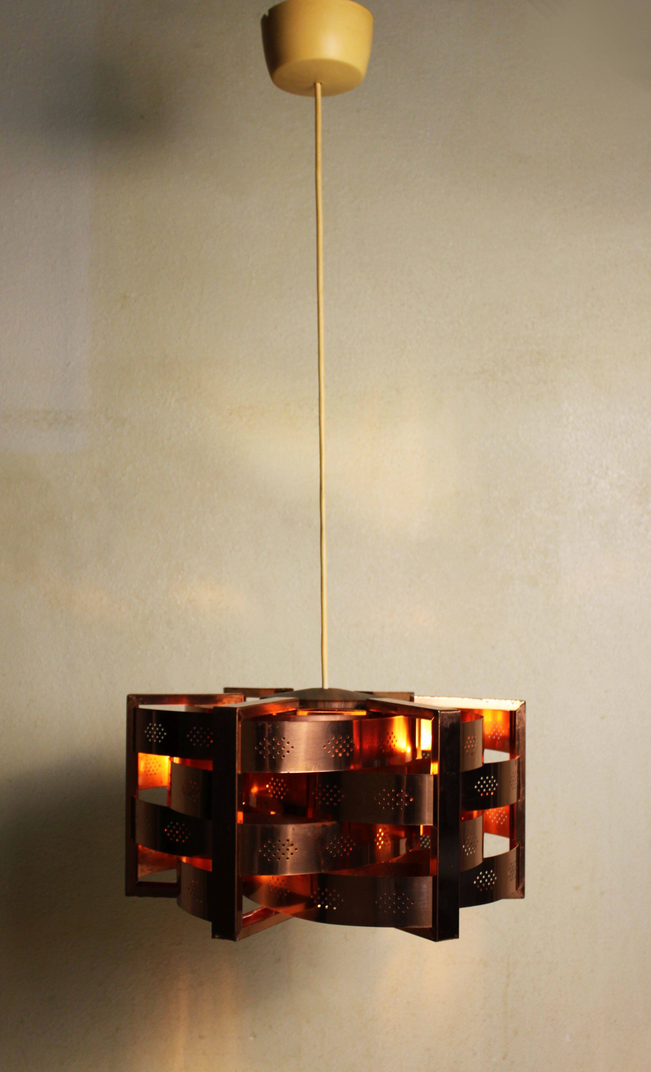 Copper pendant light by Werner Schou for Coronell Electro, Denmark, 1969.