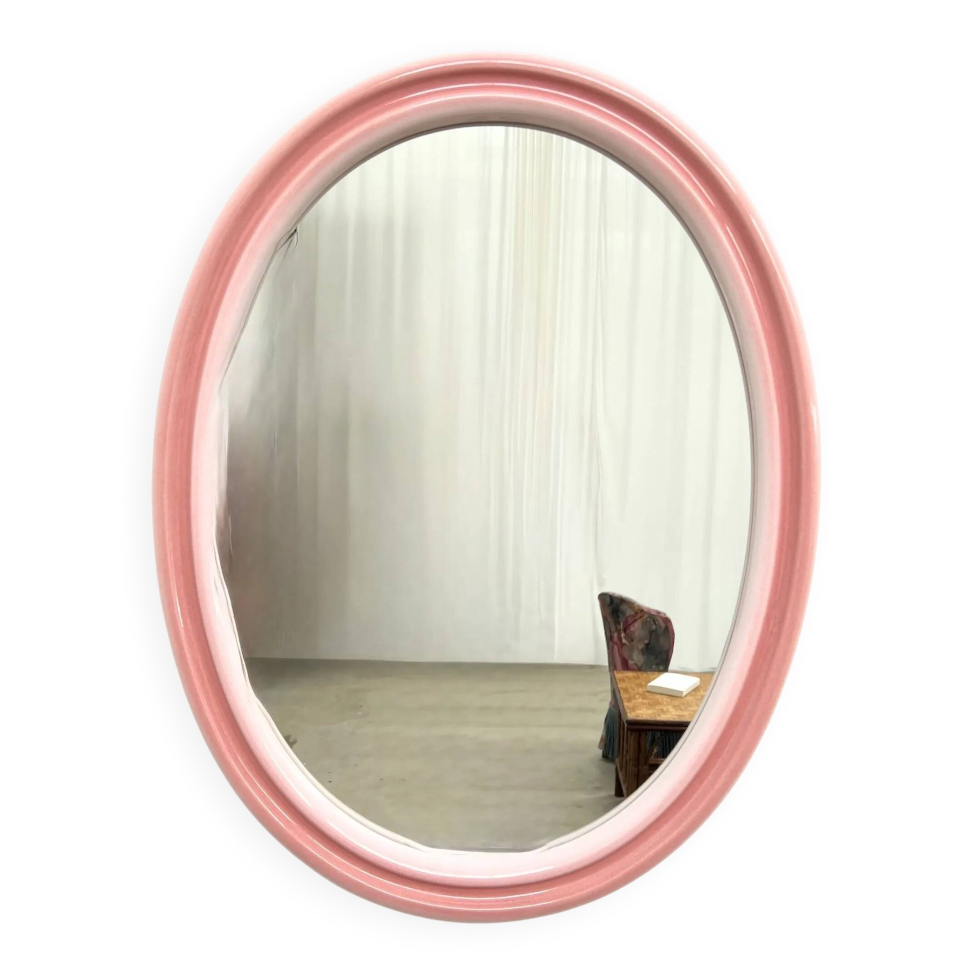Large oval pink ceramic mirror (76cm) – vintage Italian design