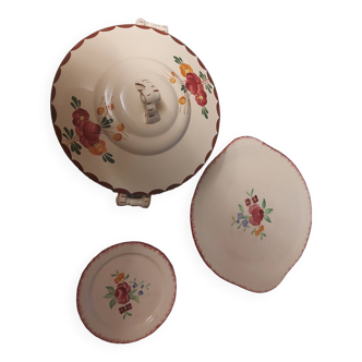 Ensemble vintage soupière,plat et assiette dessert faience Longchamp