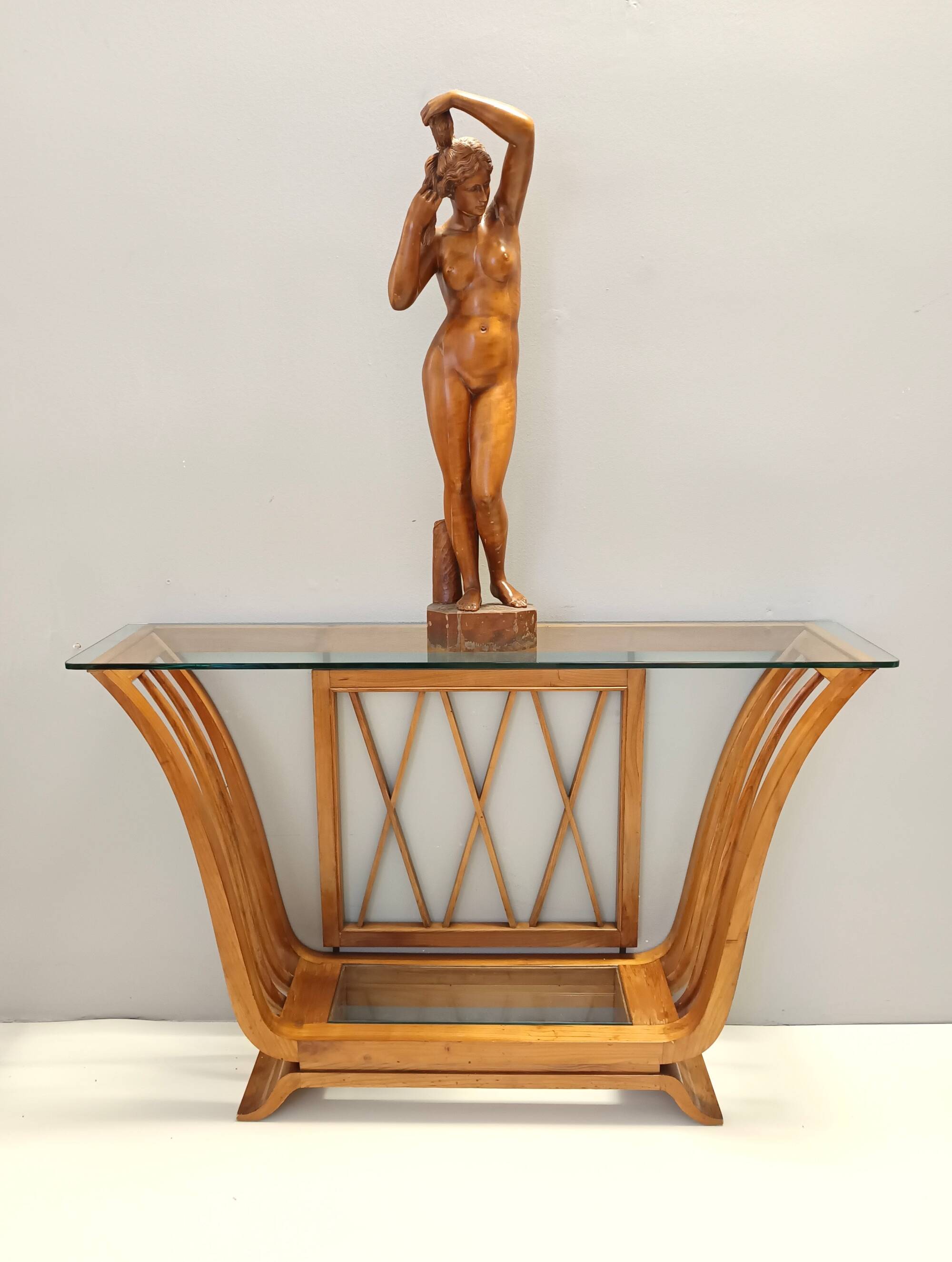 Art Deco Cherrywood Console Table with a Rectangular Glass Top, Italy