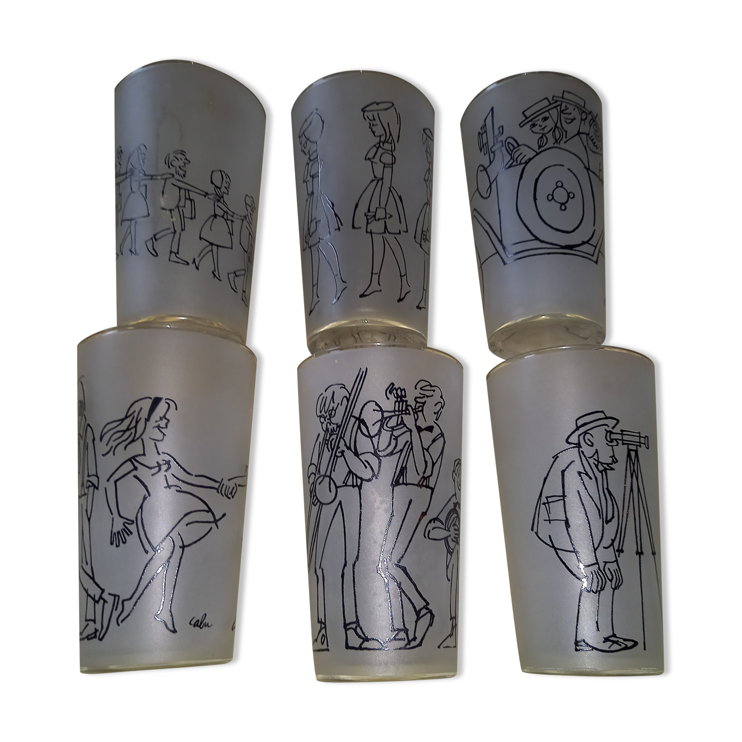 6 glasses illustrated by Cabu