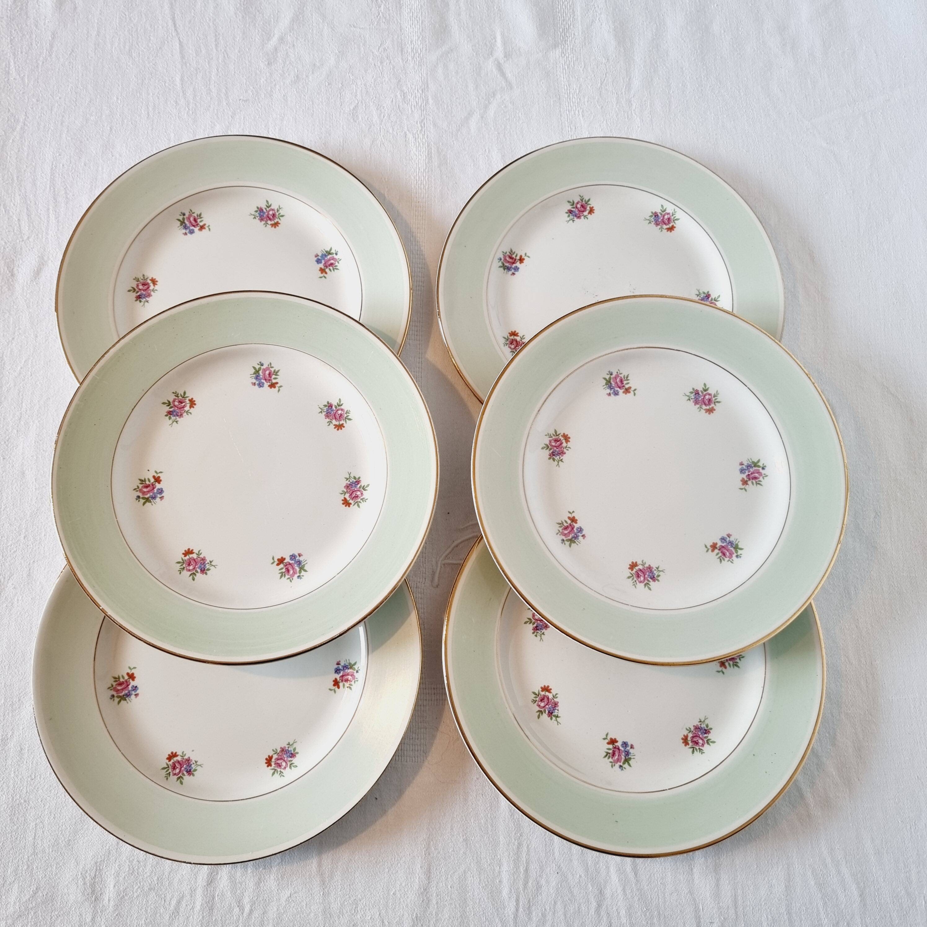 6 assiettes plates porcelaine française l amandinoise vert clair contour or et petites fleurs