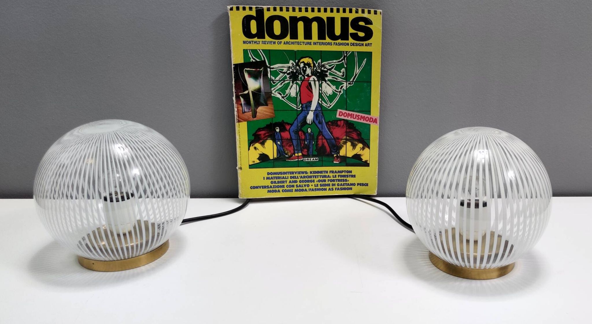 Pair of Vintage Spheric Murano Glass and Brass Table Lamps by Venini, Italy