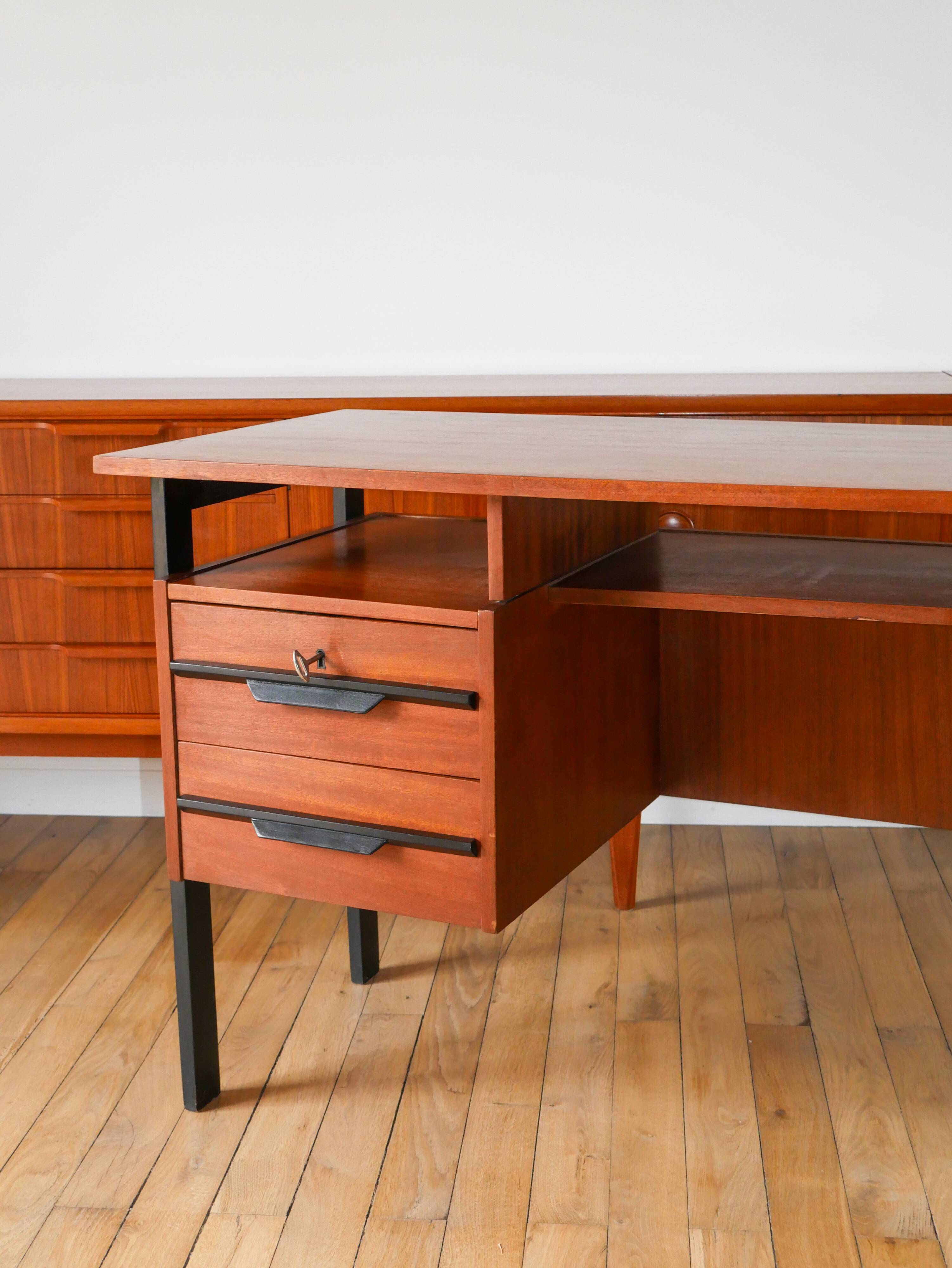 Scandinavian desk in black metal oak veneer, Modernist Design, 1960