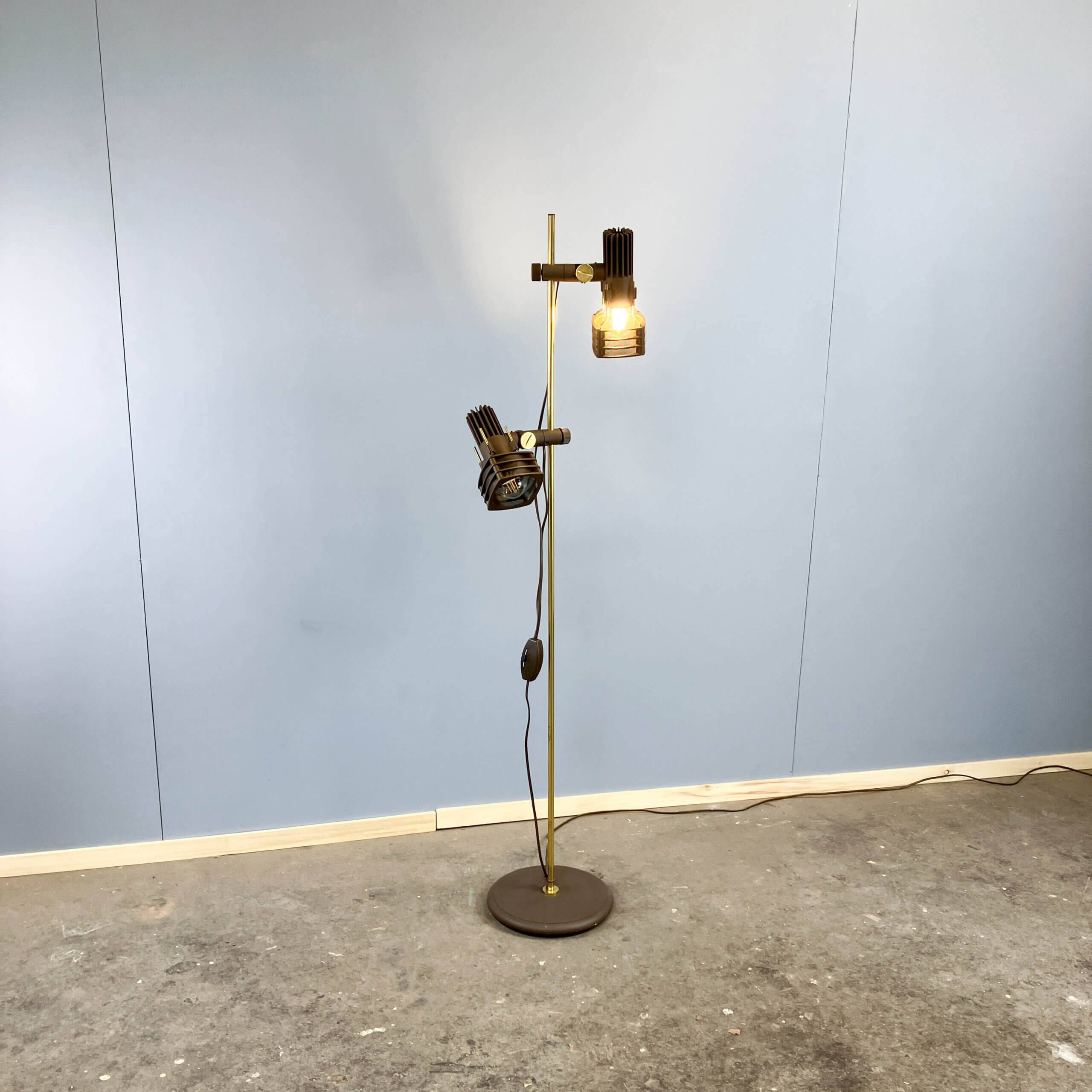 2-bulb floor lamp by Hustadt Leuchten, plastic spotlights on a brass pole, 1970s