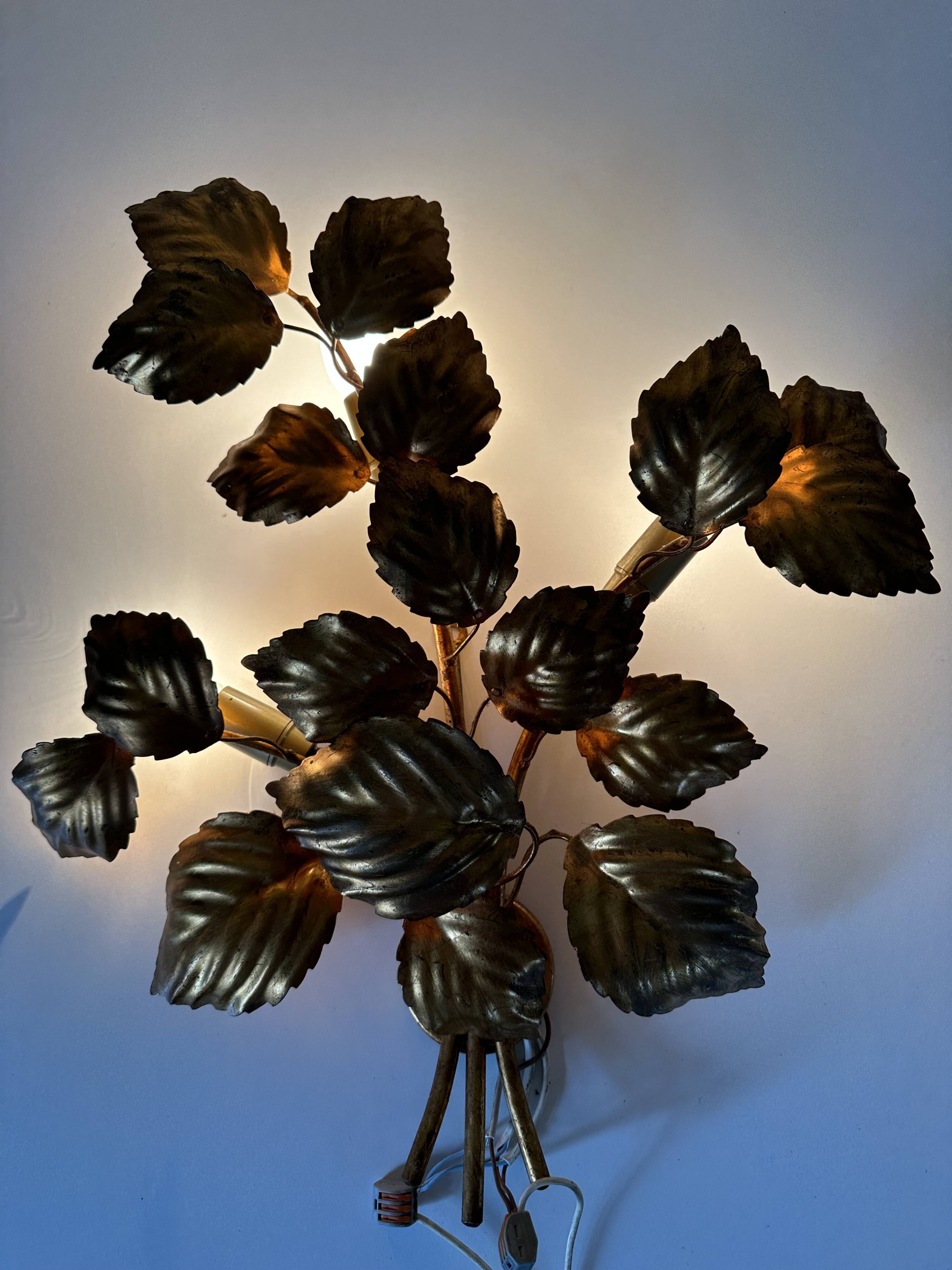 Large golden leaf wall lamp vintage design 70s