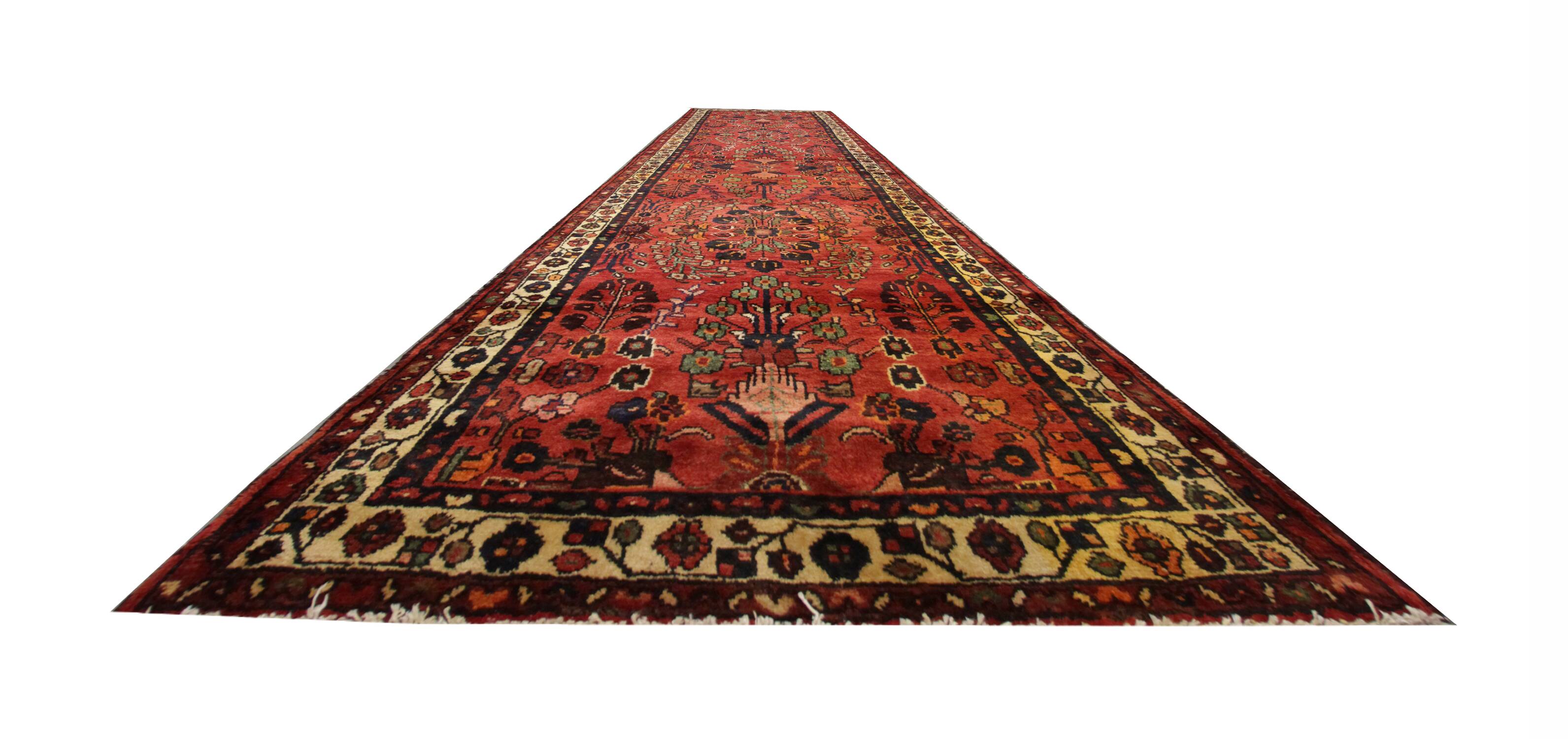 Tapis de couloir vintage en laine à motif floral rouge bordeaux, tapis oriental des années 1950, 110 x 350 cm