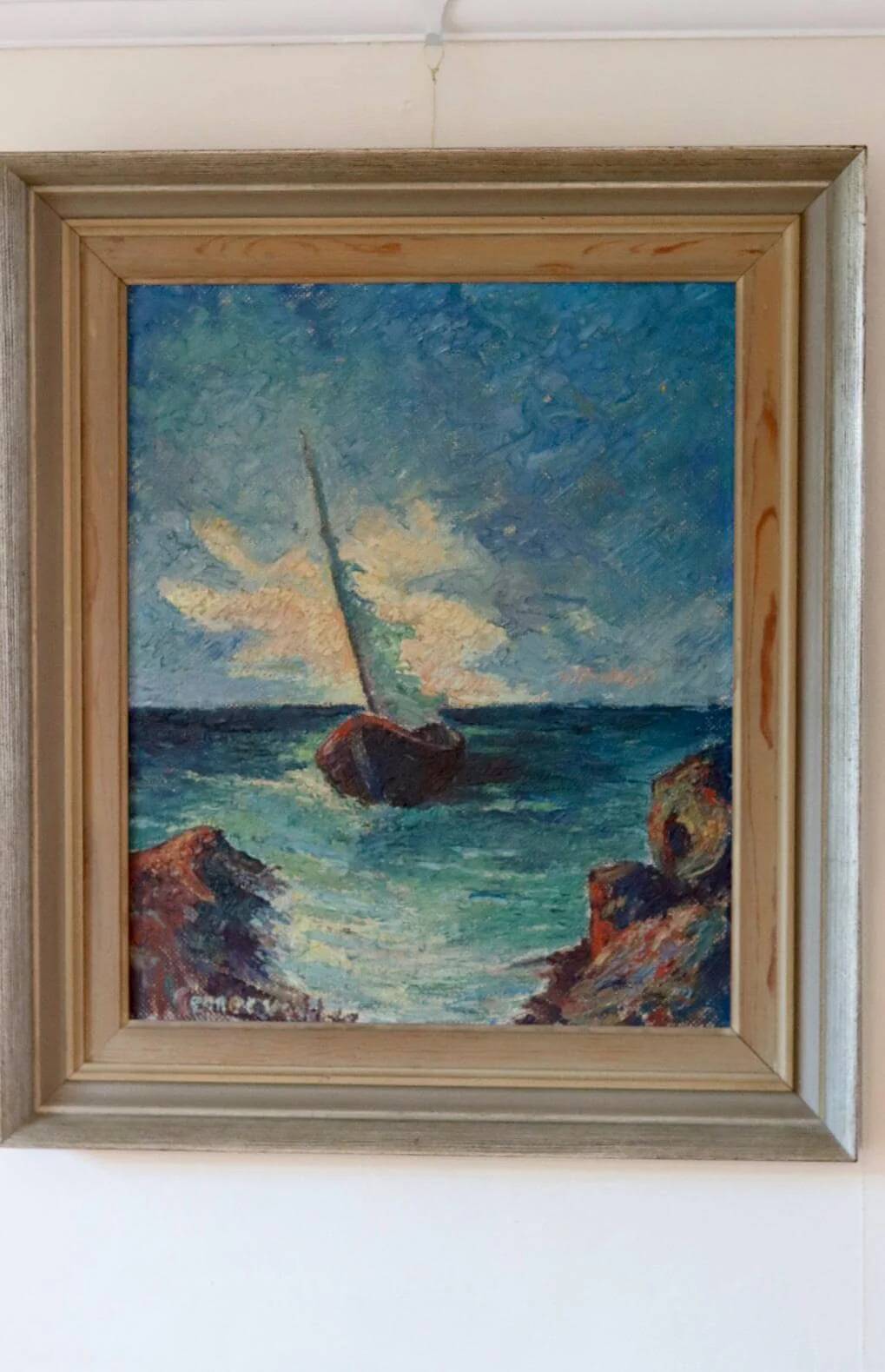 Original oil on panel from the mid-20th century – ship at sea