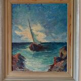 Original oil on panel from the mid-20th century – ship at sea