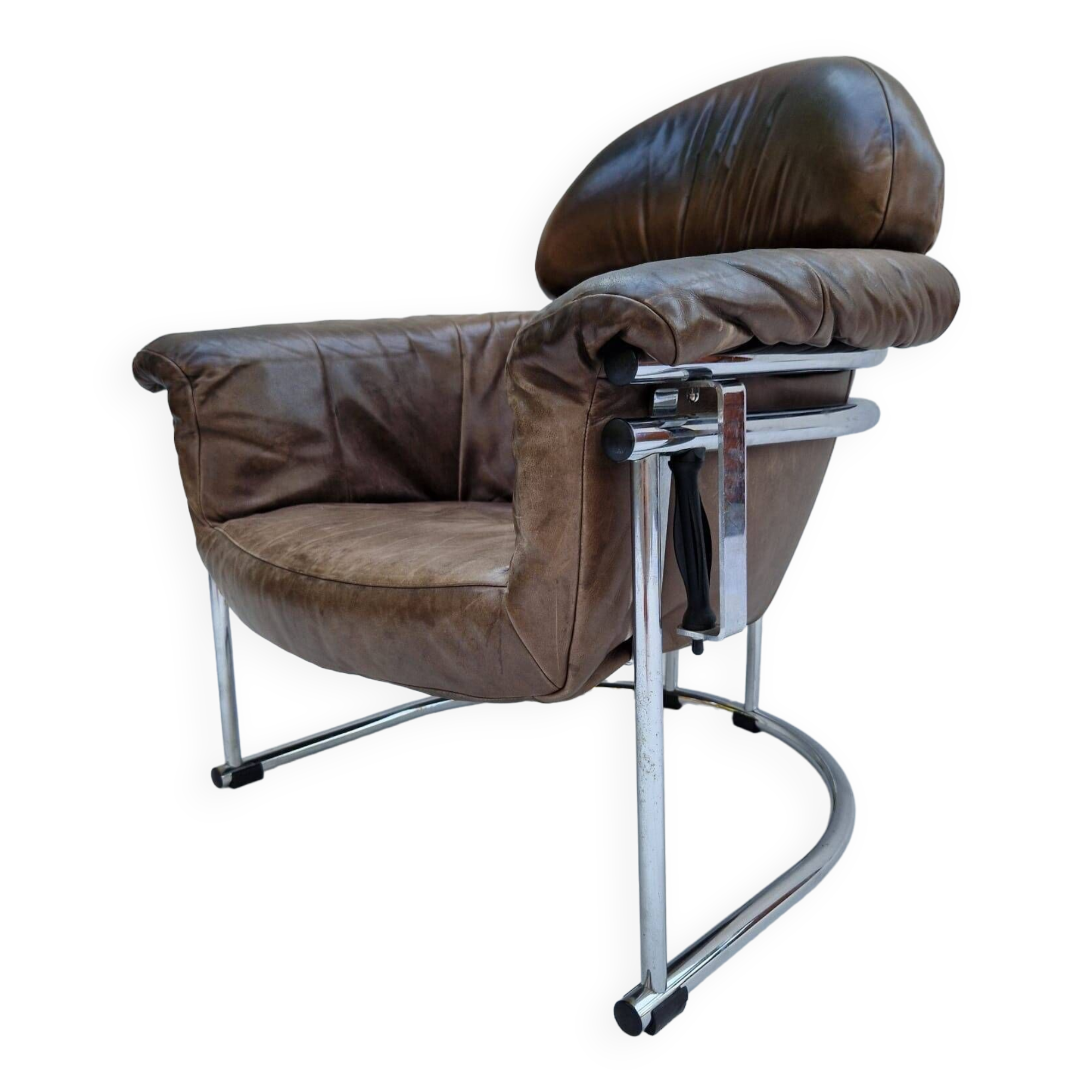 Leather armchair with tubular chrome frame, 1980s