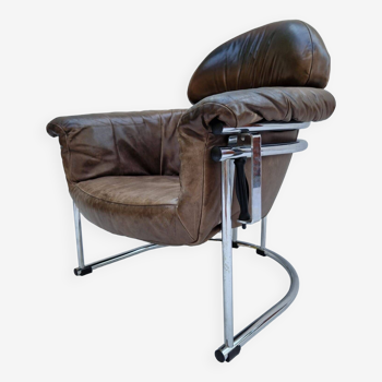 Fauteuil en cuir avec structure en chrome tubulaire, 1980s