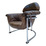 Leather armchair with tubular chrome frame, 1980s