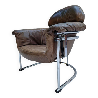 Fauteuil en cuir avec structure en chrome tubulaire, 1980s