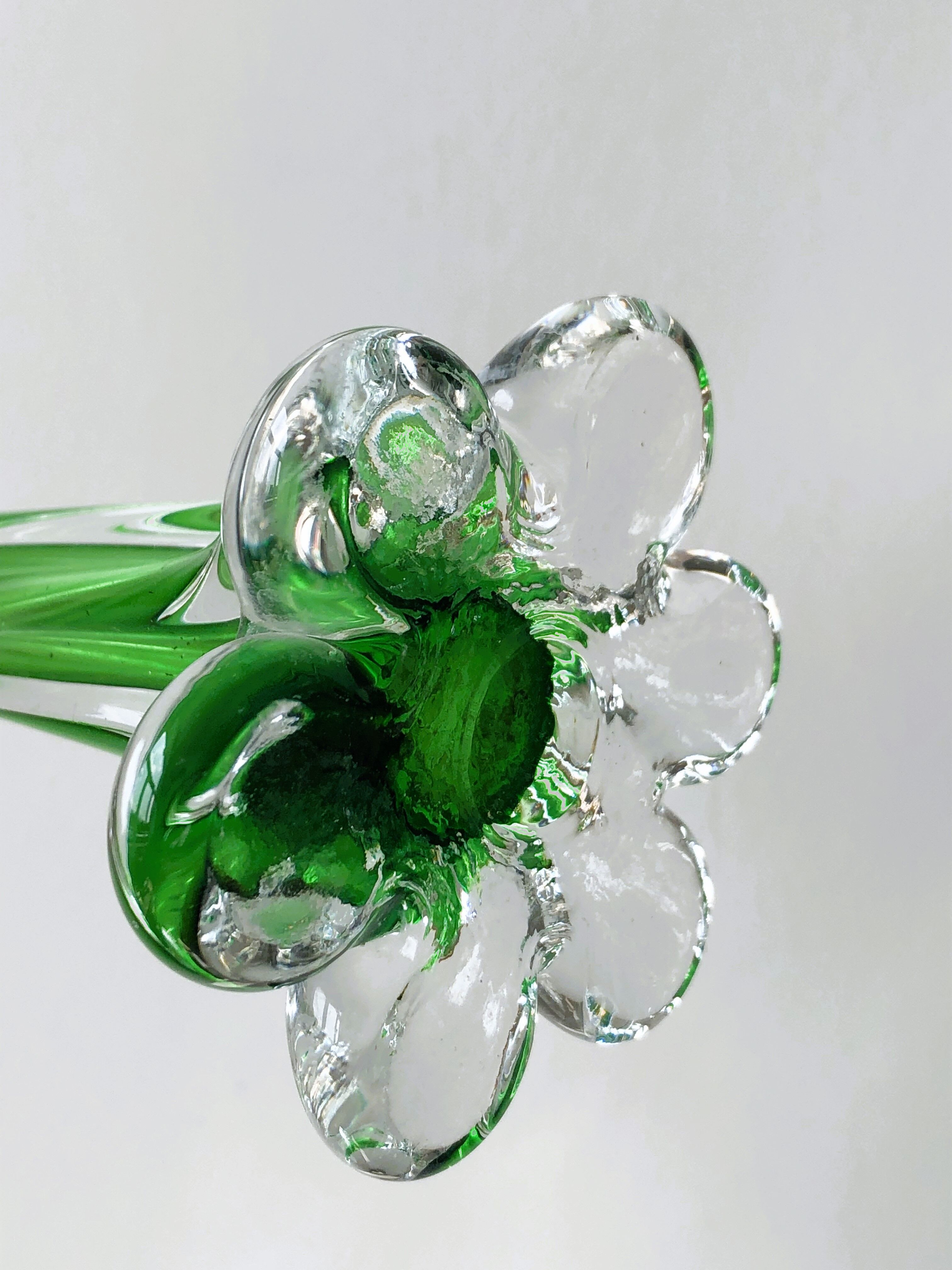 Translucent glass soliflora, long spiral twisted vase with flower-shaped foot