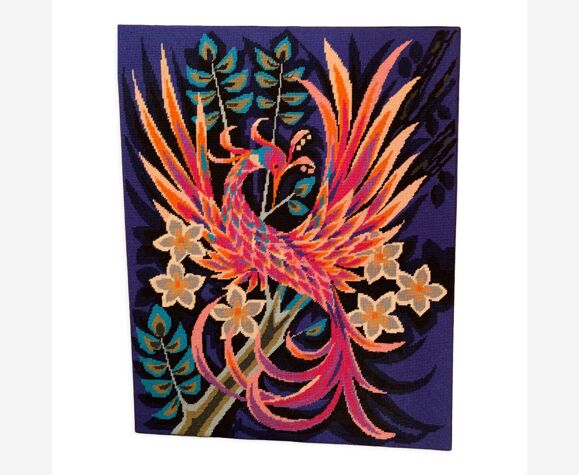 Painting tapestry bird of paradise blue vintage handmade