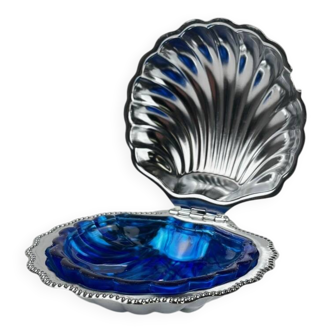 Beurrier coquillage en métal argenté et insert bleu, 1970