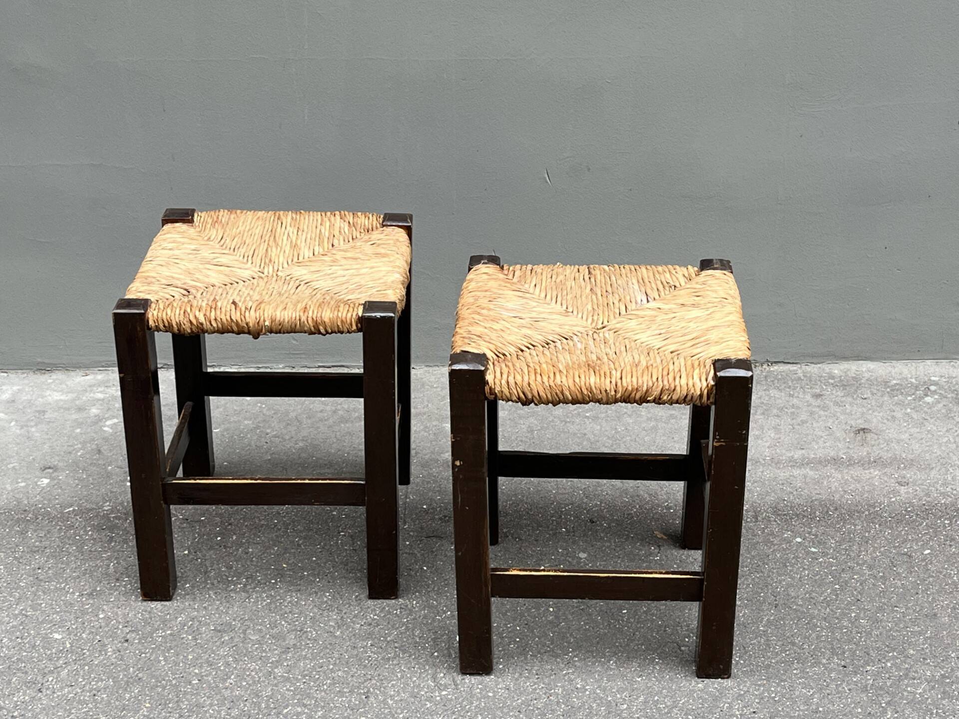 Pair of vintage straw-seat stools