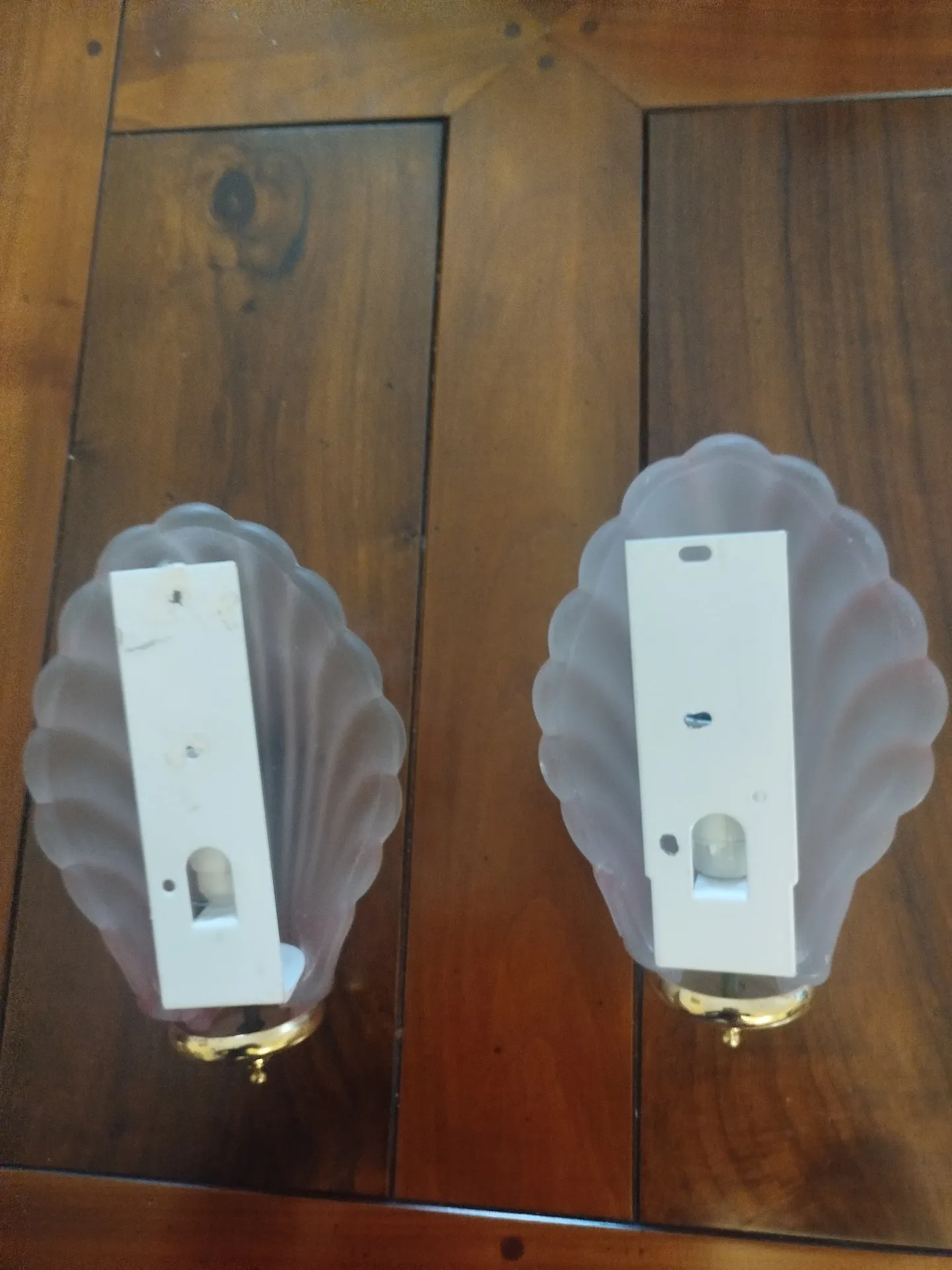 Pair of Art Deco shell wall sconces in frosted glass and brass.