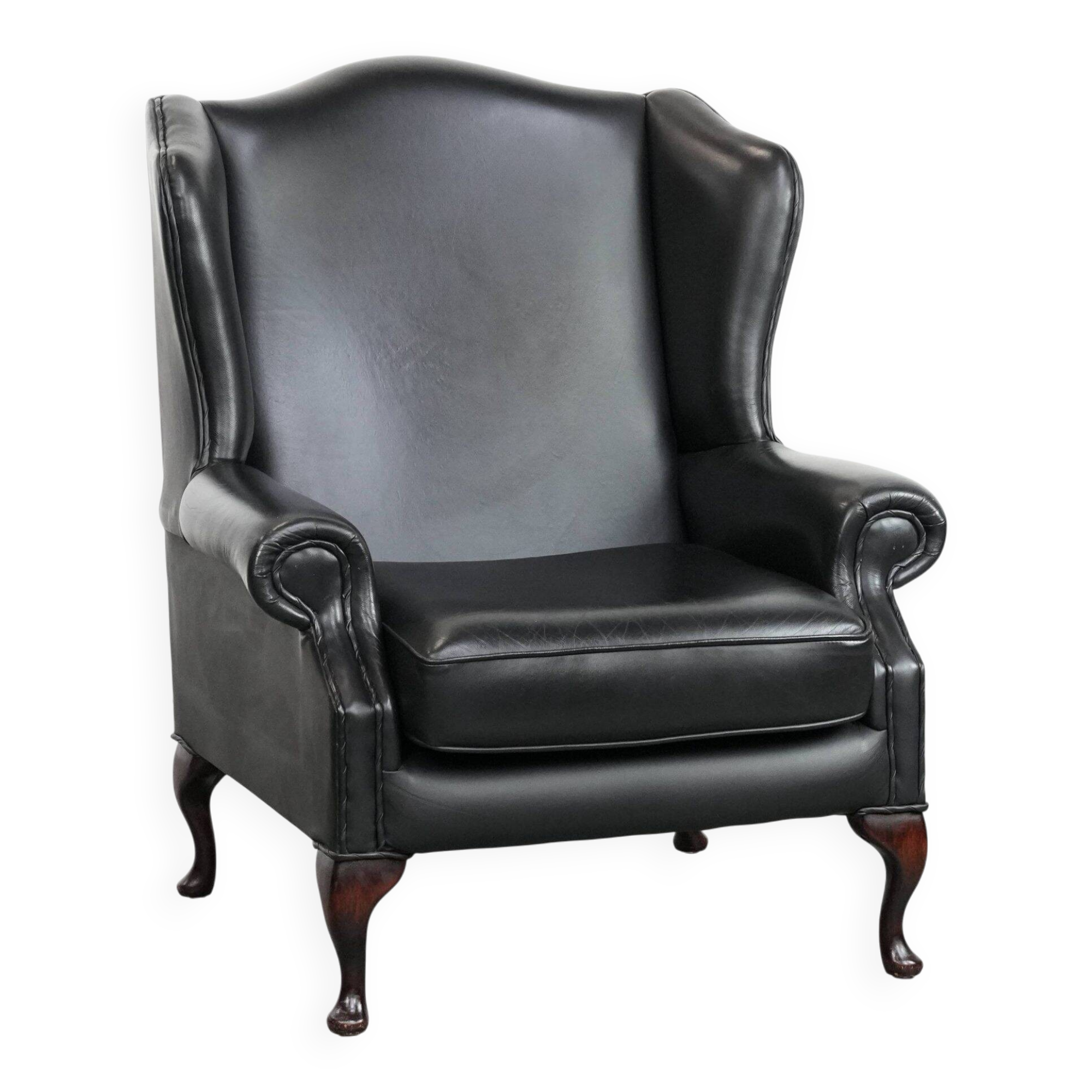 Black cowhide leather Chesterfield wingback chair in English style