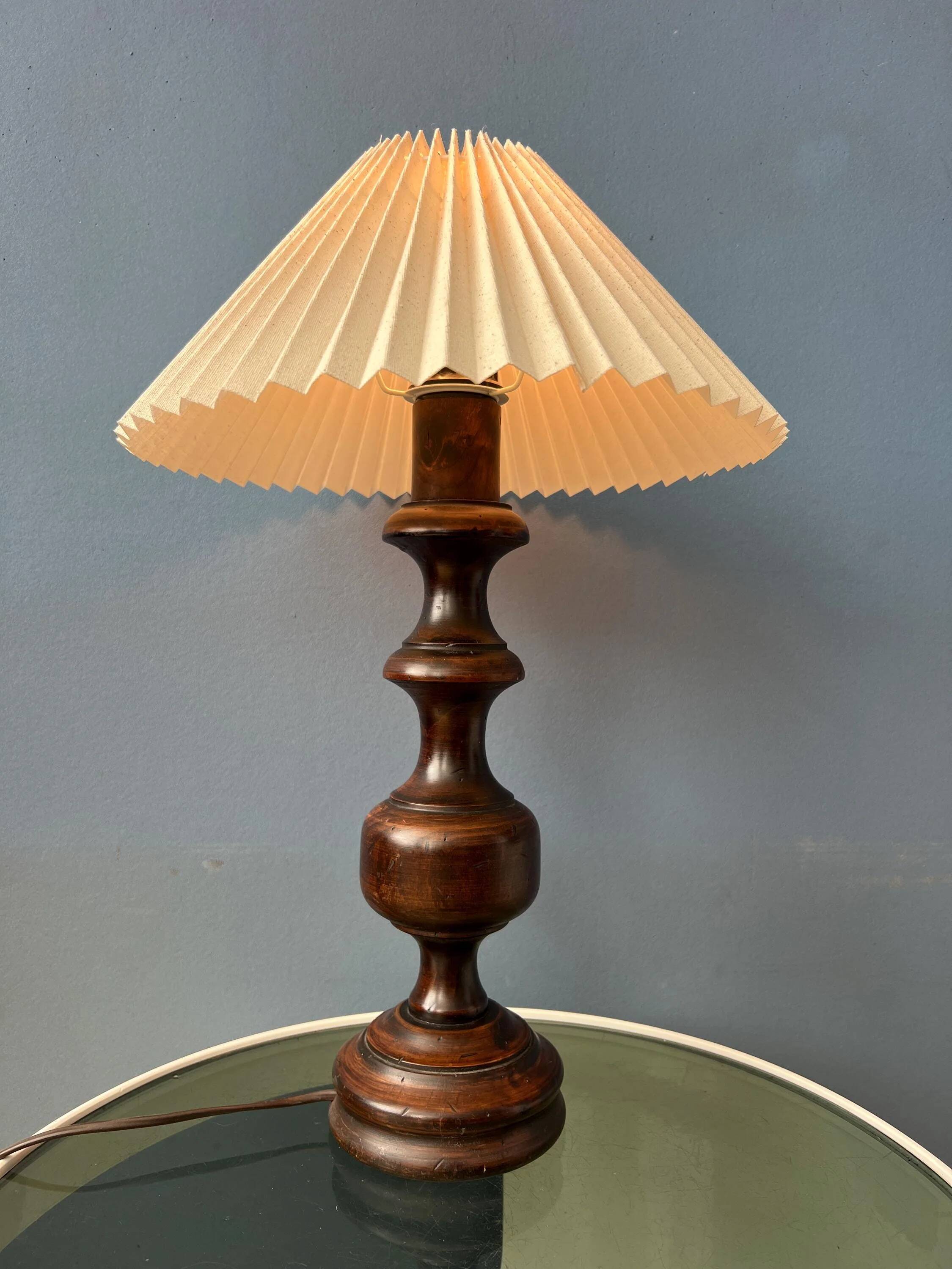 Vintage wooden table lamp with pleated shade