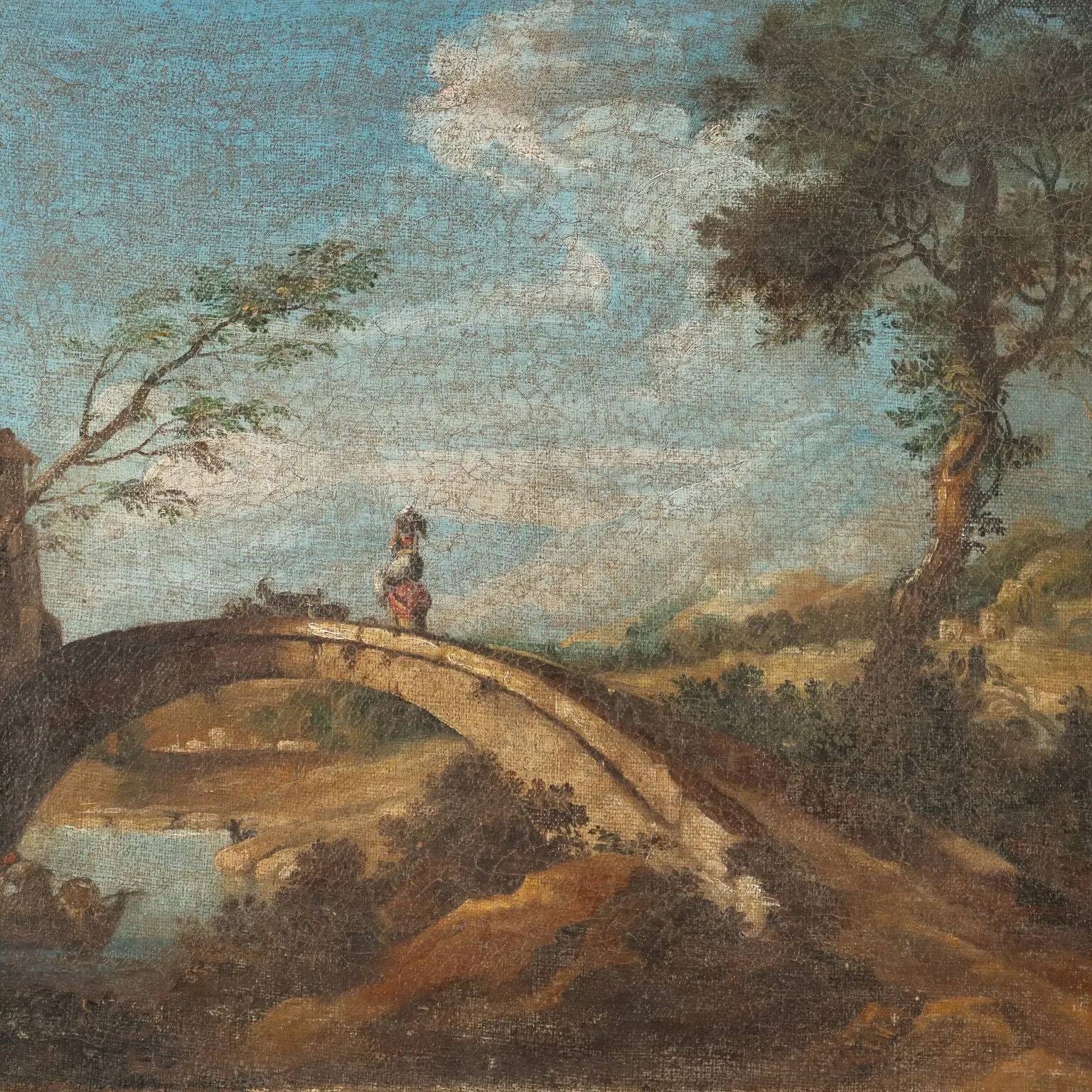 Old painting landscape with bridge, oil on canvas, 18th century