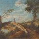 Old painting landscape with bridge, oil on canvas, 18th century