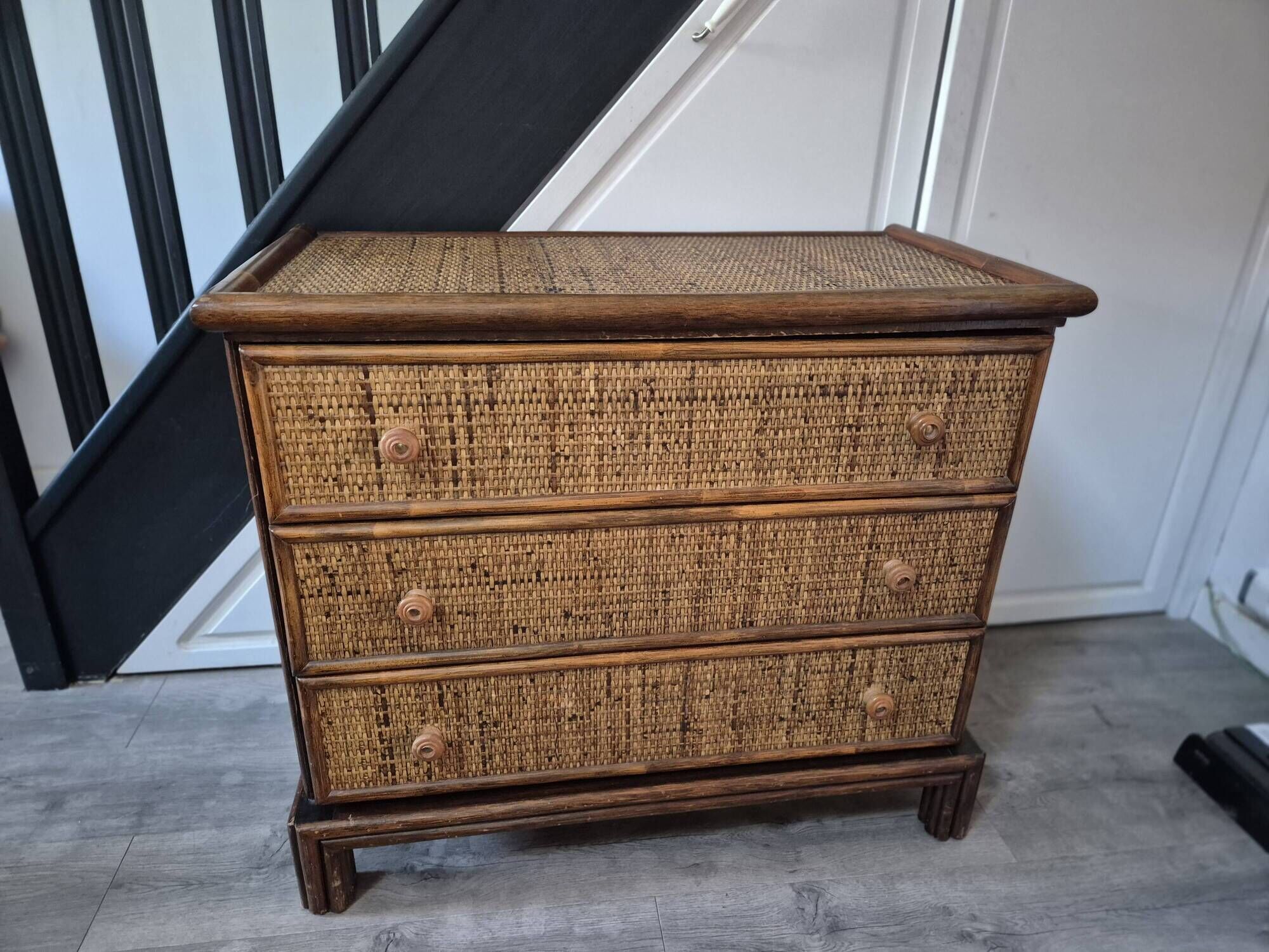 commode vintage année 70 maugrion roche bobois rotin cannage