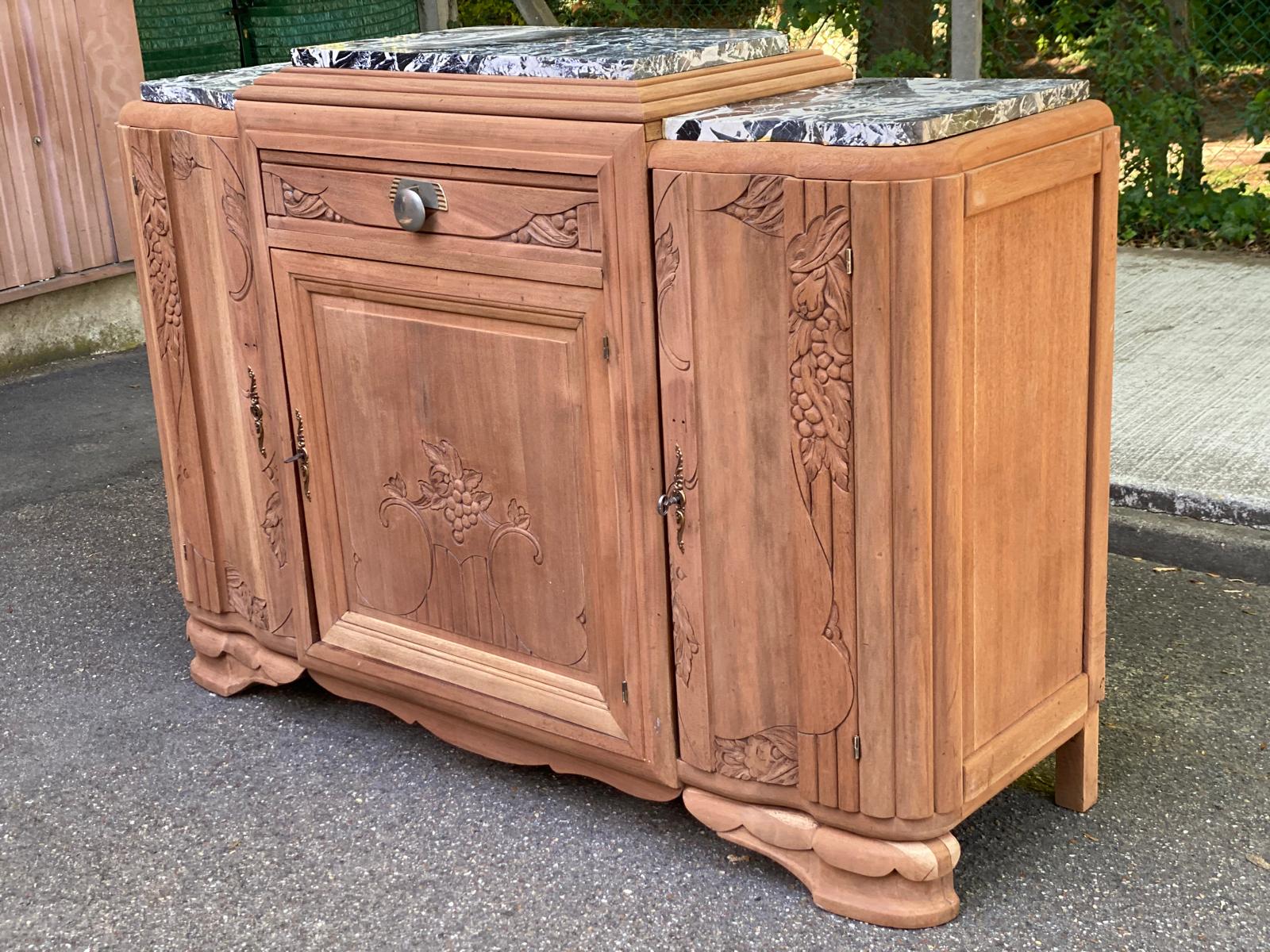 Art Deco sideboard renovated in solid walnut with Saint Laurent marble, 1930.