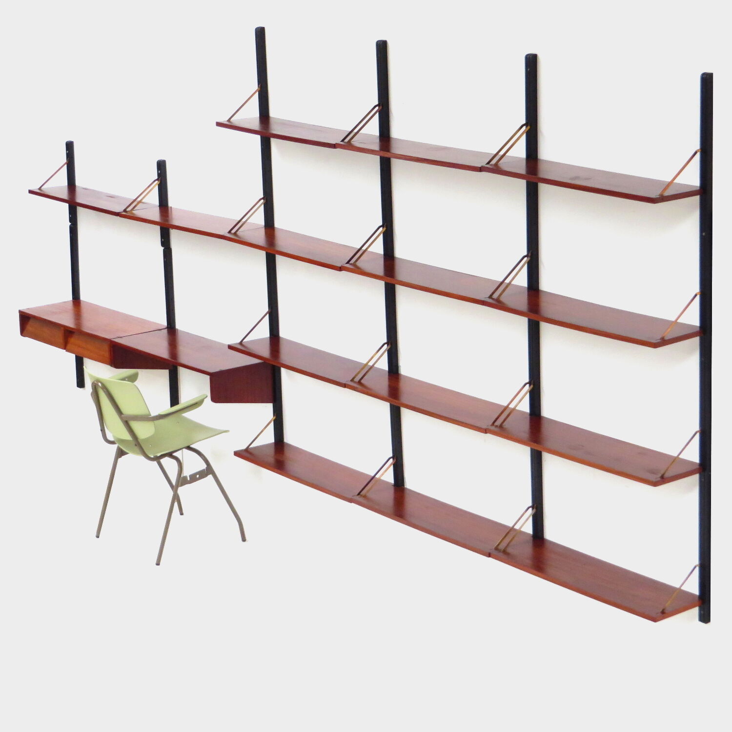 Mid century bookcase wall unit shelving system in teak with writing desk workstation, 1960s