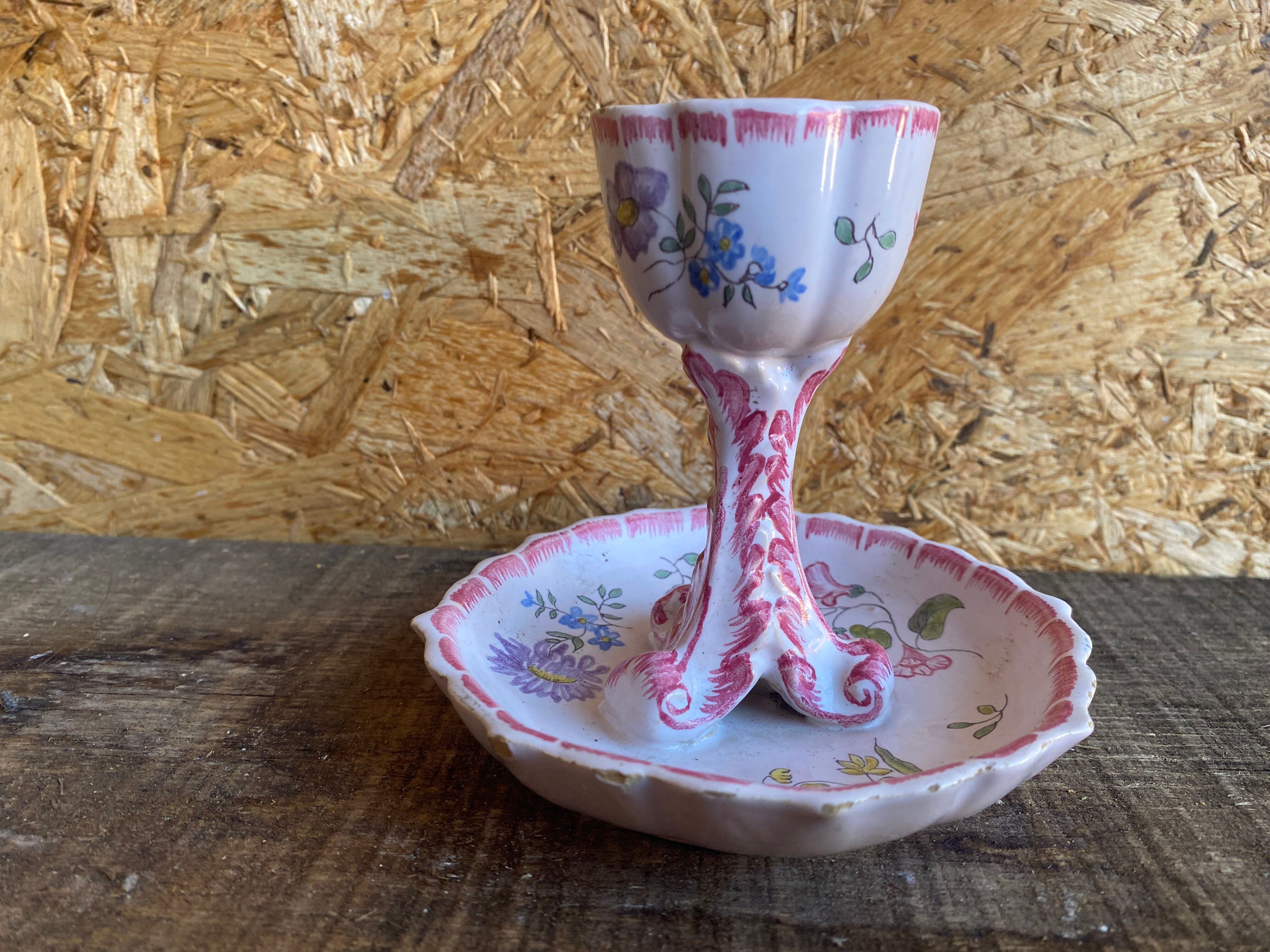 Vintage Ceramic Egg Cup on Stand with Pink Flower Decoration #D984