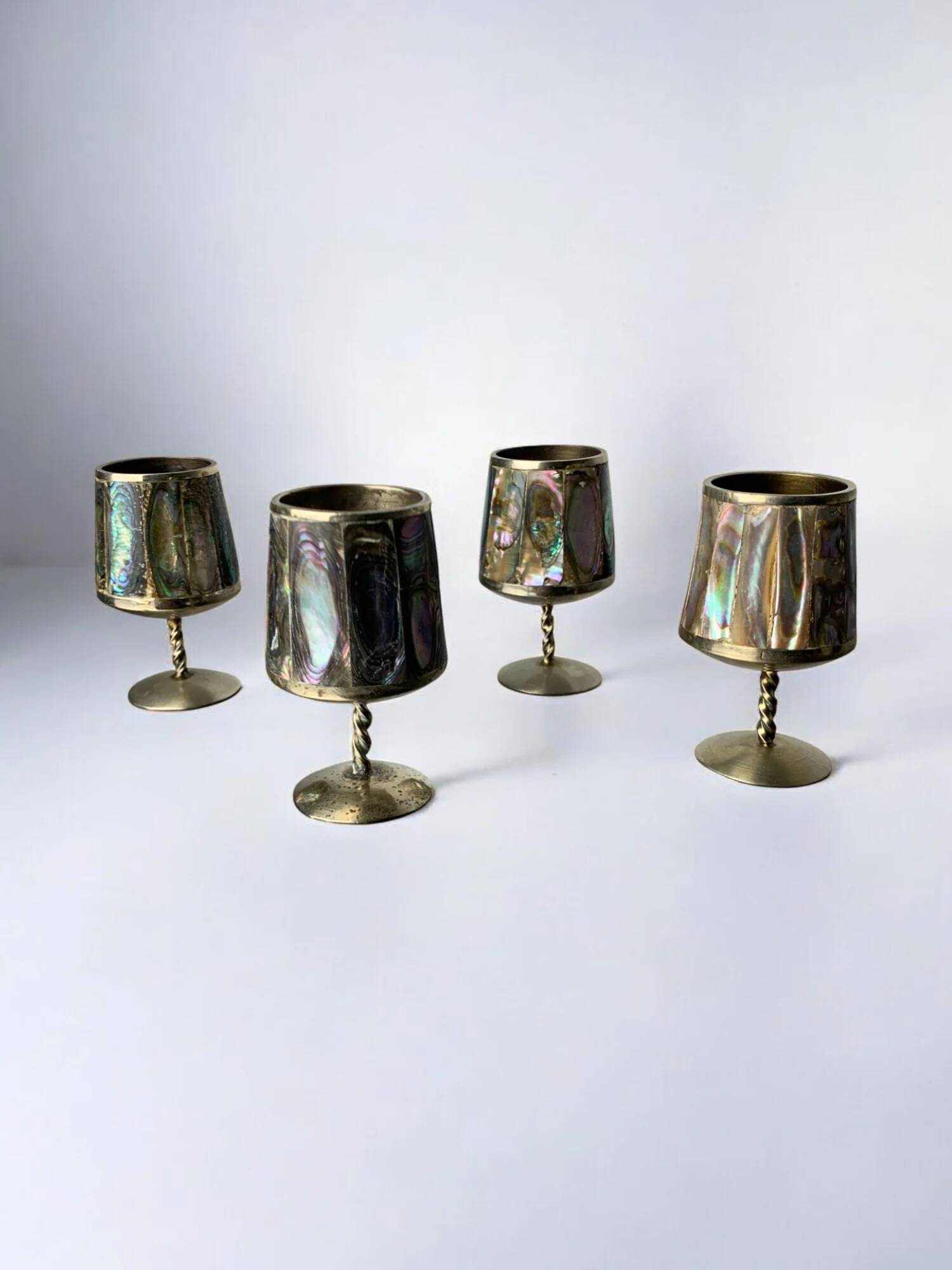 Abalone shell & alpaca shot glasses, set of 4, Mexico, 1970s