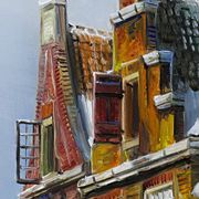 Large painting urban scene oil on wood framed John Haanstra vintage