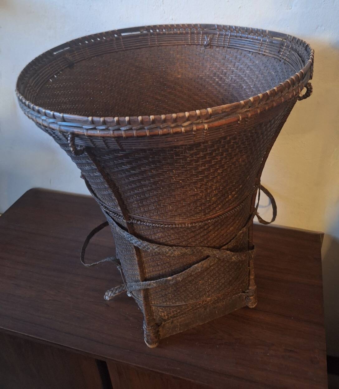 Antique Laos Khmu tribal hand woven carrying basket