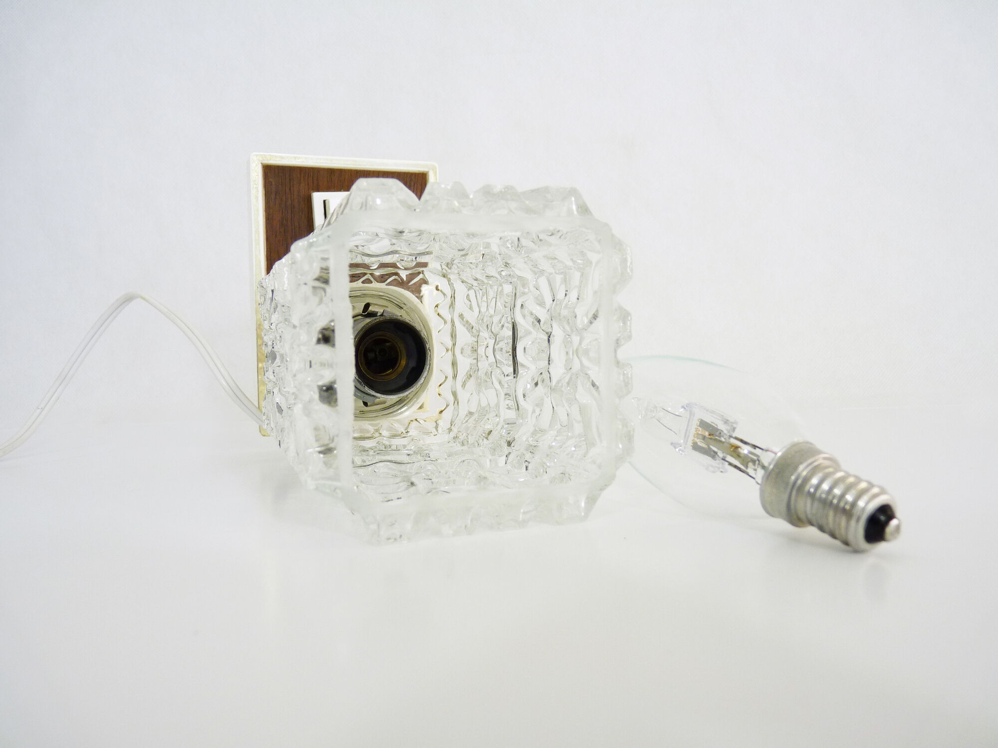 Vintage lay lamp with plastic base and formica, glass tube,  60/70s