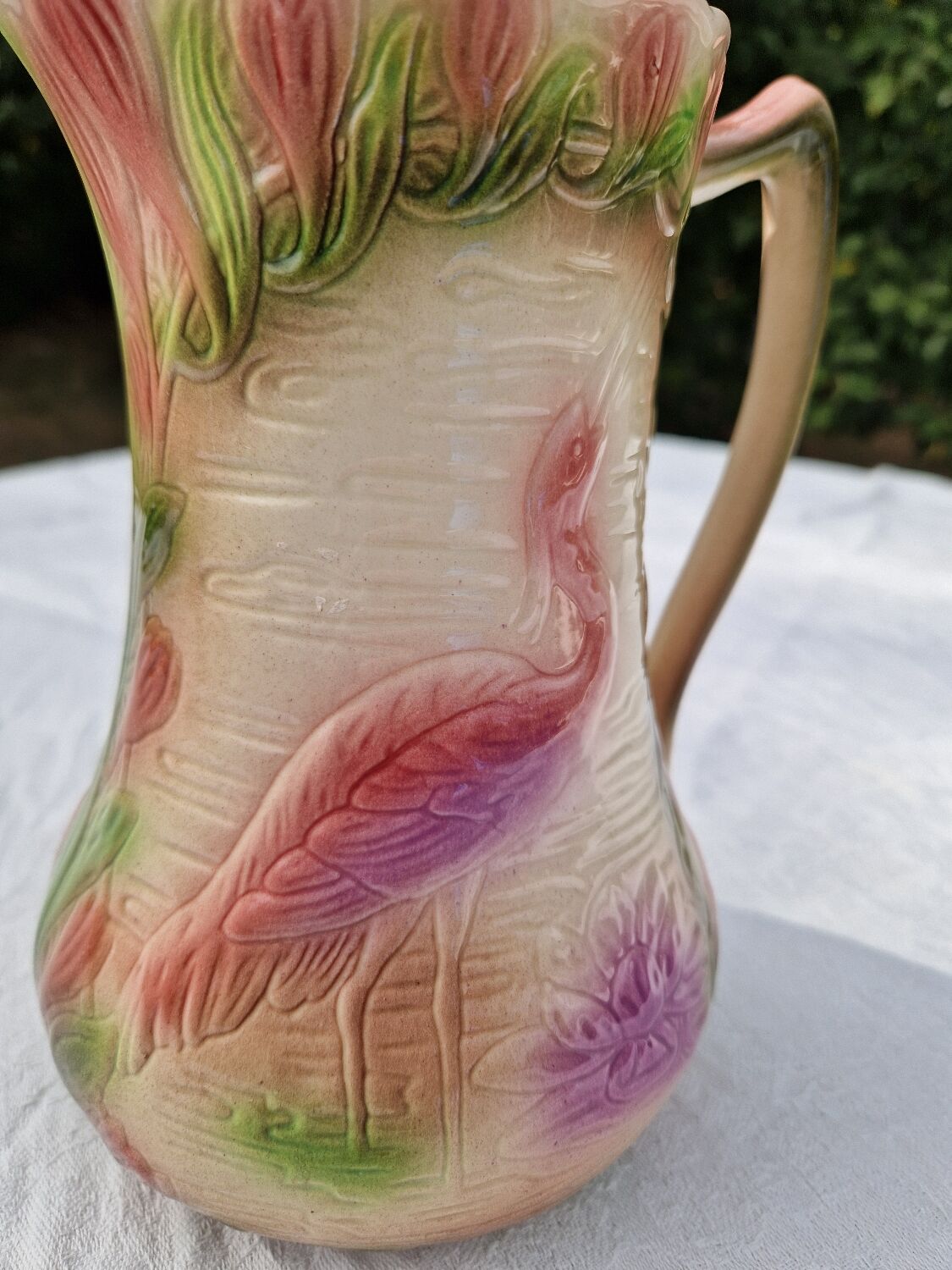 Antique Barbotine Pitcher from the Saint Clément Factory, Heron Decor