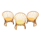 Set of 3 vintage rattan armchairs